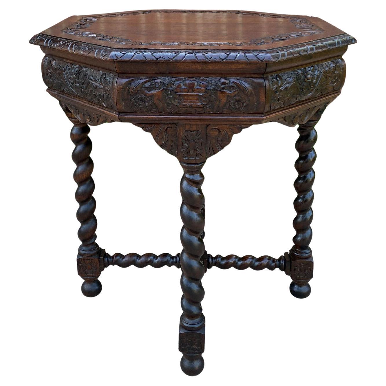 Antique French Table Barley Twist Octagonal Renaissance Revival Carved Oak 19thC