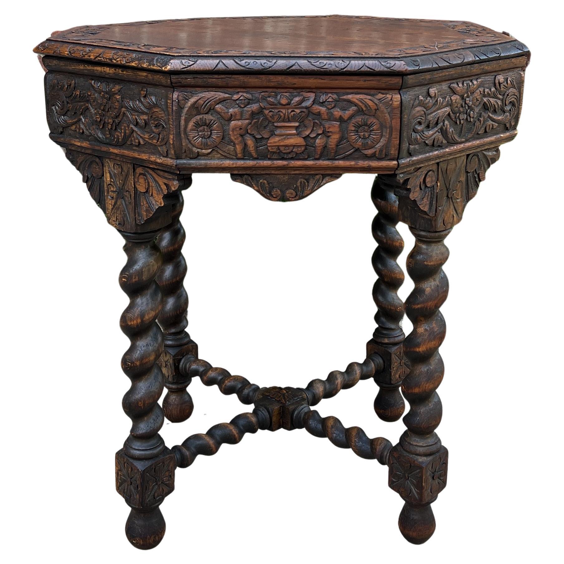 Antique French Table Barley Twist Octagonal Renaissance Revival Carved Oak 19thc