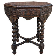 Antique French Table Barley Twist Octagonal Renaissance Revival Carved Oak 19thc