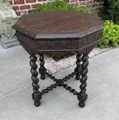 Antique French Table Barley Twist Octagonal Renaissance Revival Oak Carved 19thc
