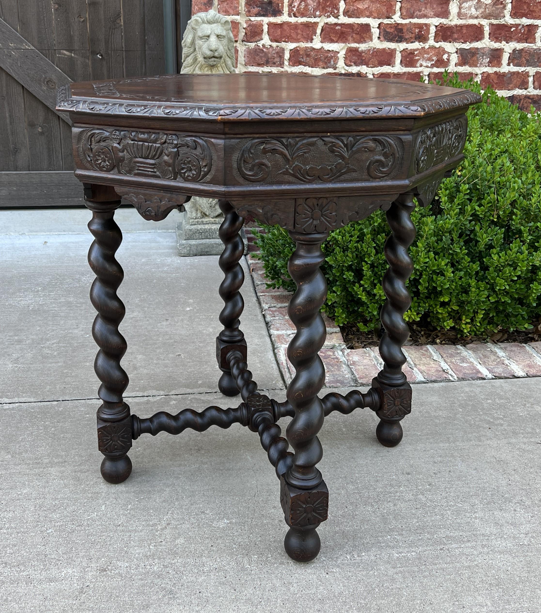 Antique French Table Barley Twist Octagonal Renaissance Revival Oak Carved 19thc In Good Condition For Sale In Tyler, TX