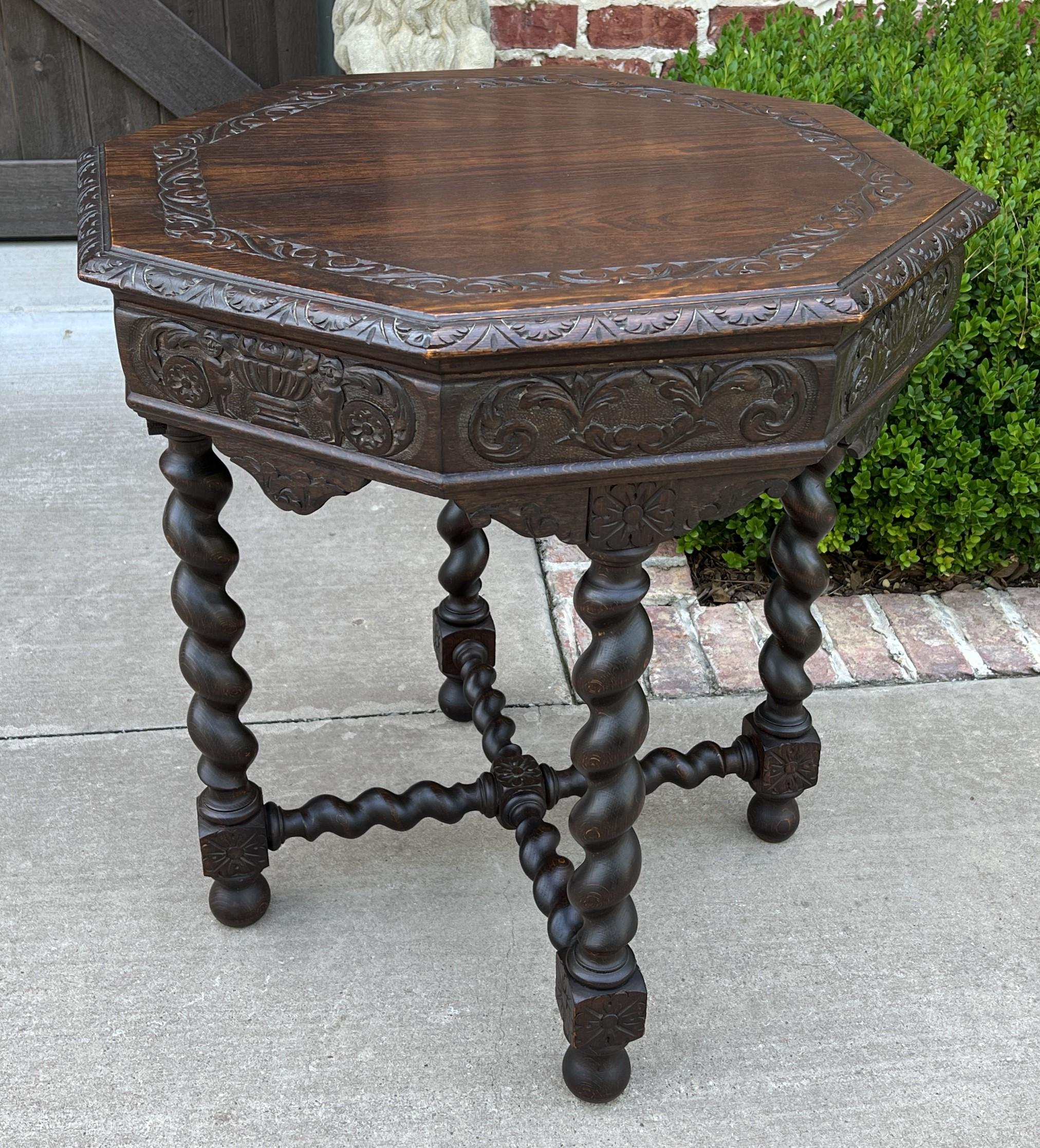 Late 19th Century Antique French Table Barley Twist Octagonal Renaissance Revival Oak Carved 19thc For Sale