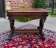 Antique French Table Desk Renaissance Dolphin Style Drawer Carved Oak c.1890s