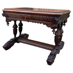 Antique French Table Desk Renaissance Dolphin Style Drawer Carved Oak c.1890s