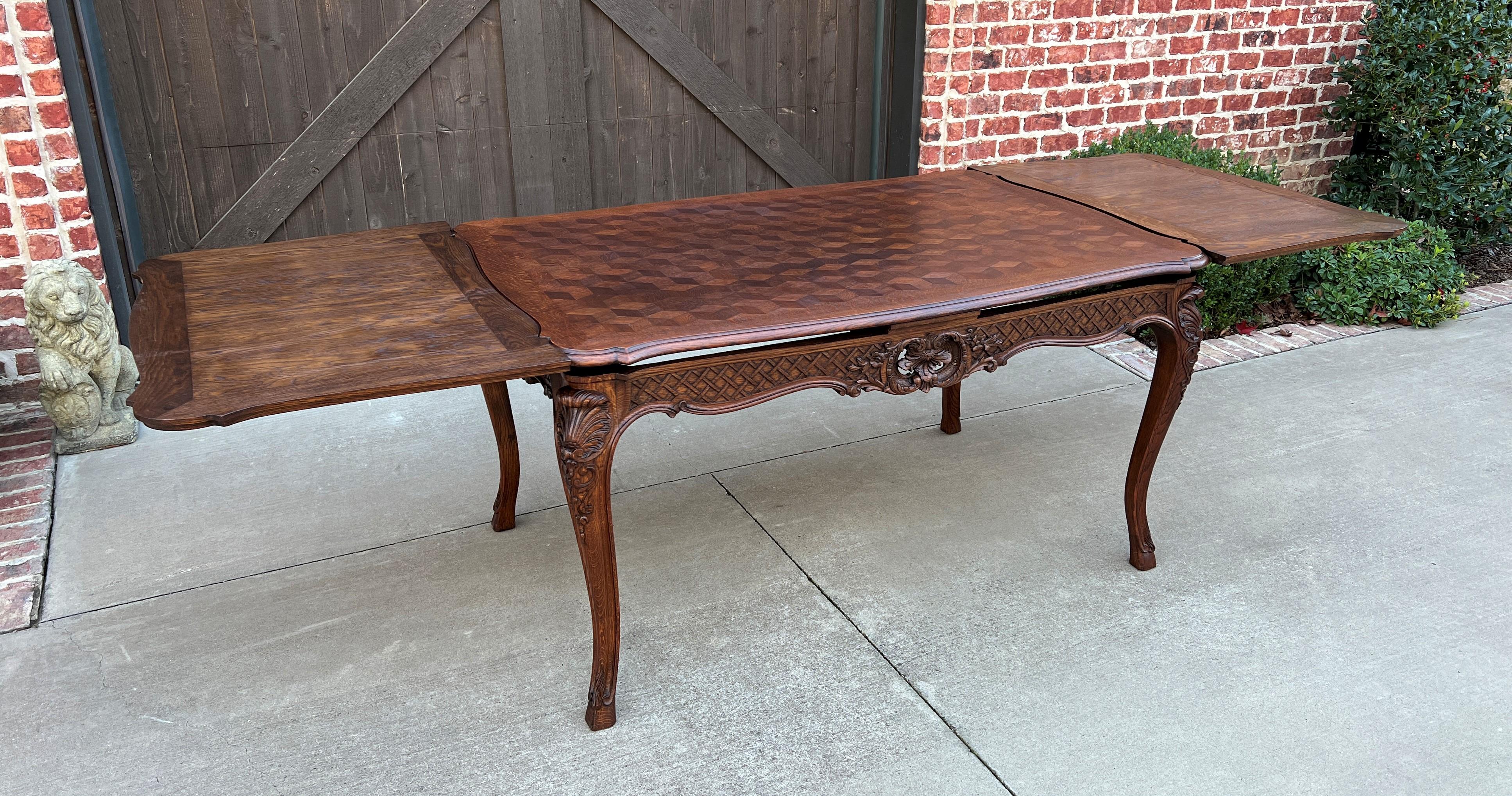 Antique French Table Dining Breakfast Table Desk Draw Leaf Carved Oak Parquet For Sale 4