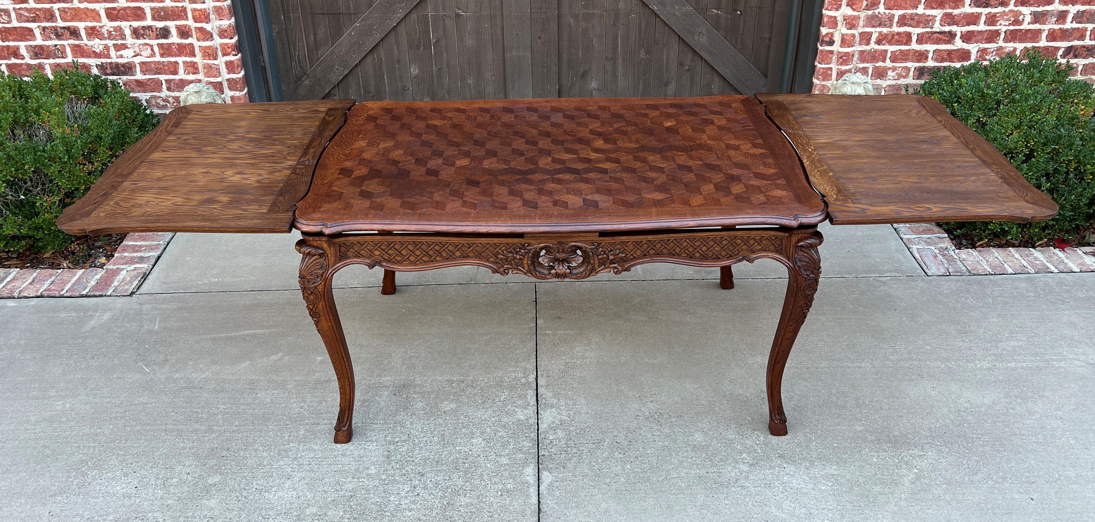 Antique French Table Dining Breakfast Table Desk Draw Leaf Carved Oak Parquet For Sale 5