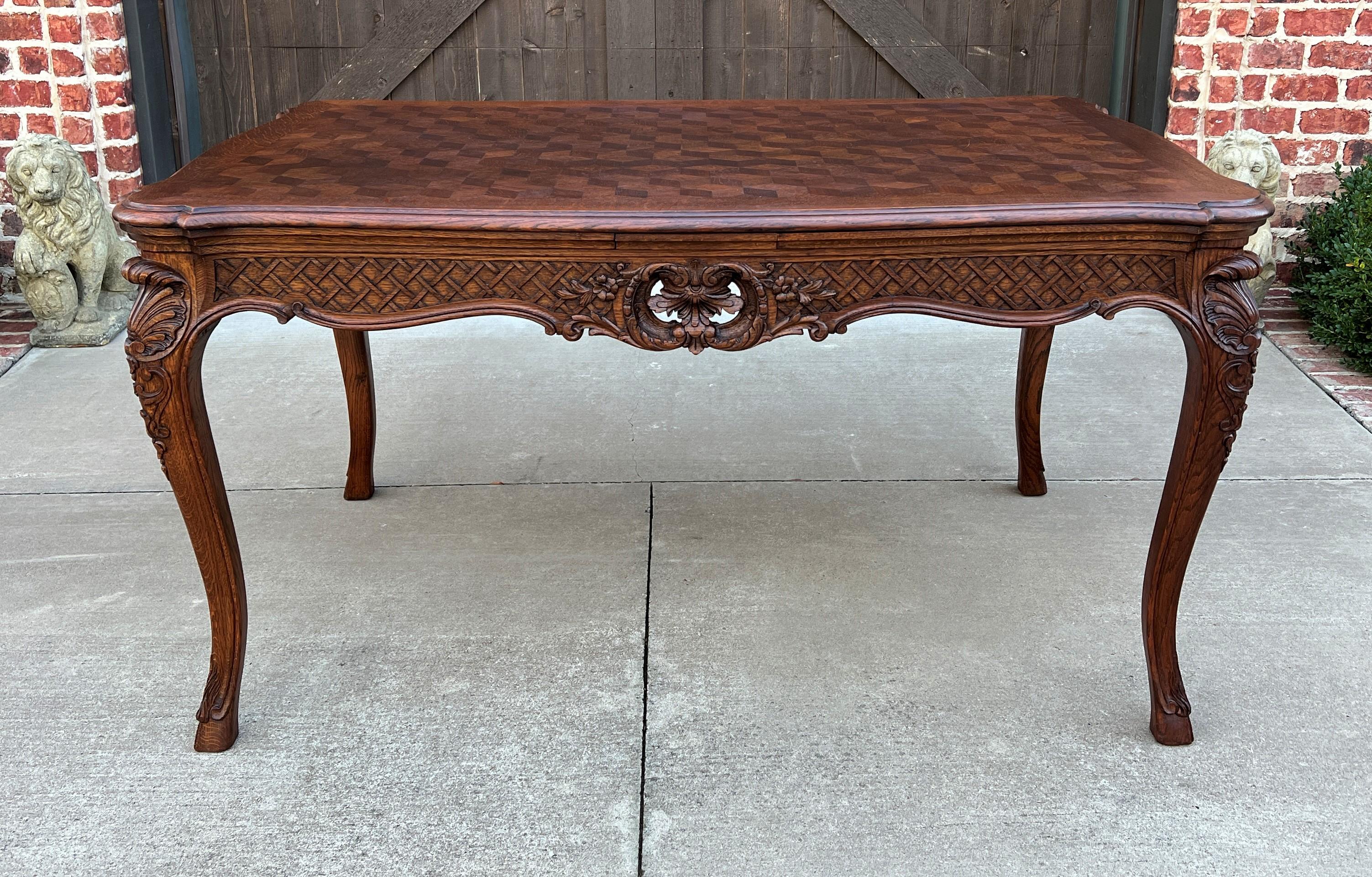 Antique French Table Dining Breakfast Table Desk Draw Leaf Carved Oak Parquet For Sale 7