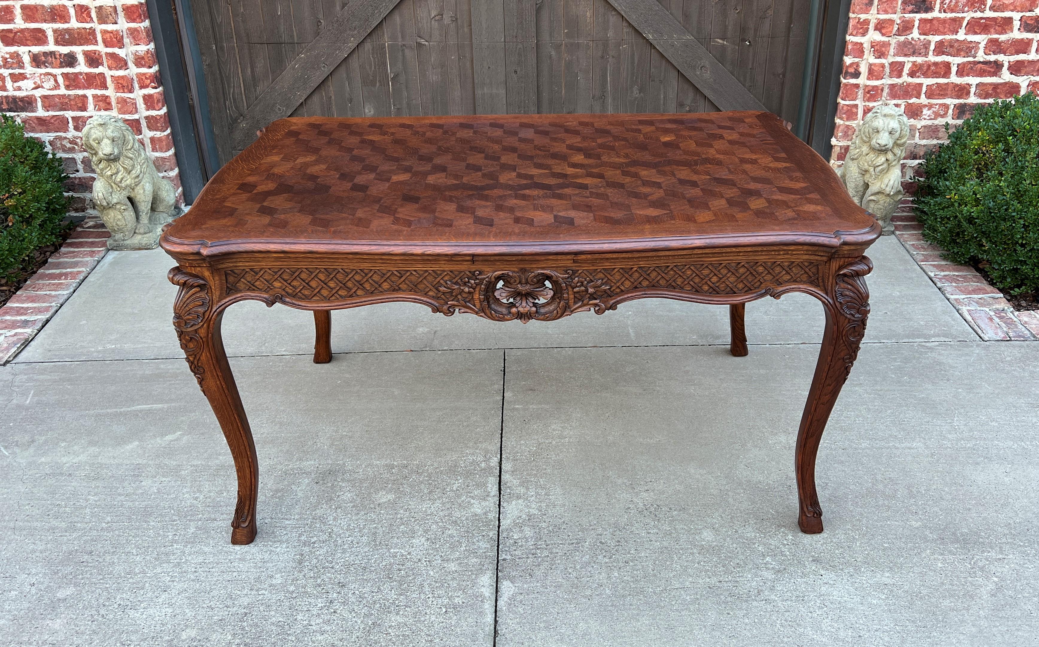 Antique French Table Dining Breakfast Table Desk Draw Leaf Carved Oak Parquet For Sale 9