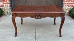Antique French Table Dining Breakfast Table Desk Draw Leaf Carved Oak Parquet