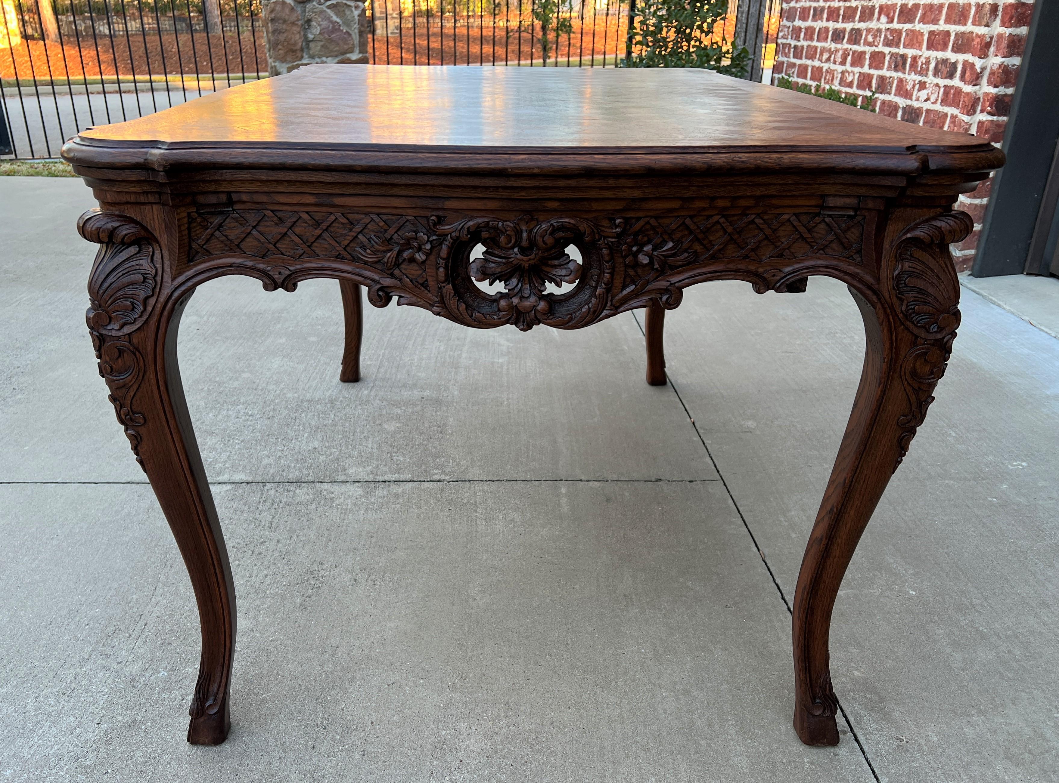French Provincial Antique French Table Dining Breakfast Table Desk Draw Leaf Carved Oak Parquet For Sale