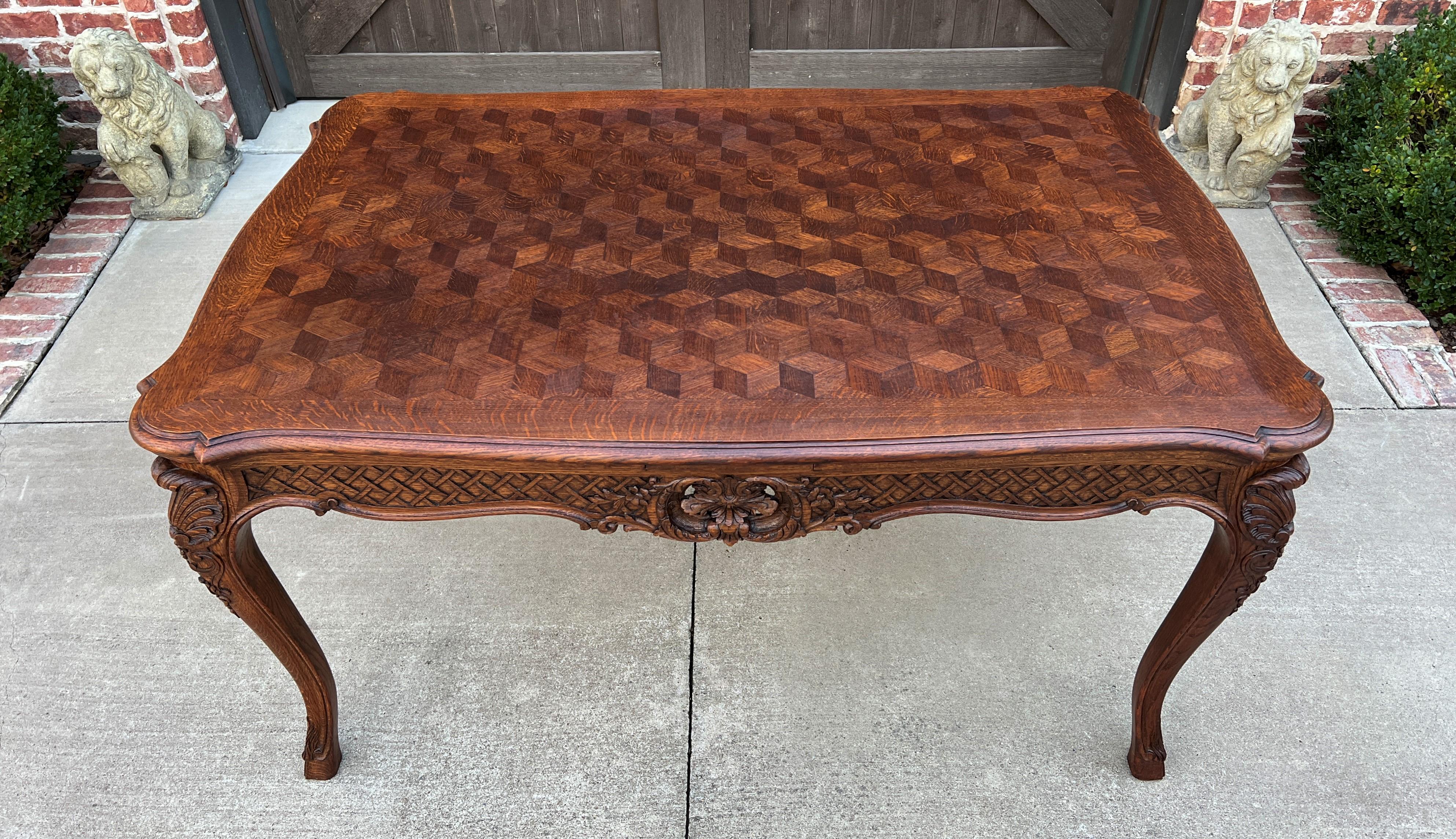 Antique French Table Dining Breakfast Table Desk Draw Leaf Carved Oak Parquet In Good Condition For Sale In Tyler, TX