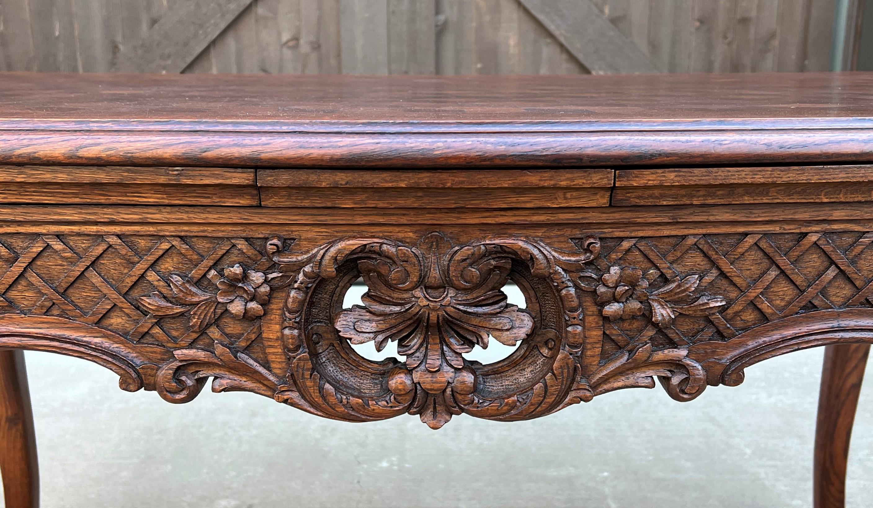 Early 20th Century Antique French Table Dining Breakfast Table Desk Draw Leaf Carved Oak Parquet For Sale