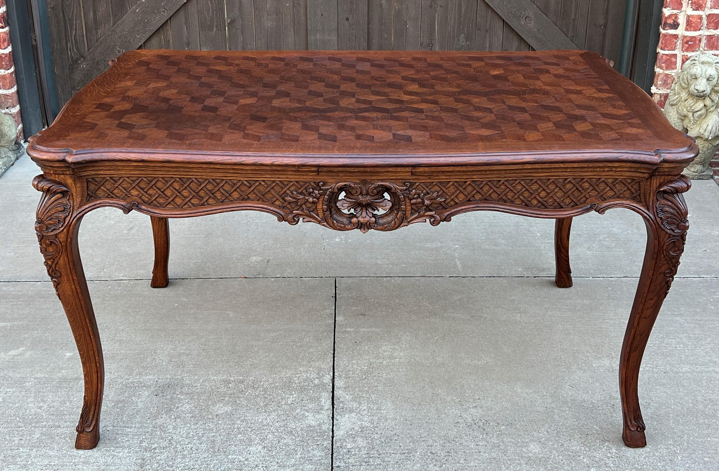 Antique French Table Dining Breakfast Table Desk Draw Leaf Carved Oak Parquet For Sale 3
