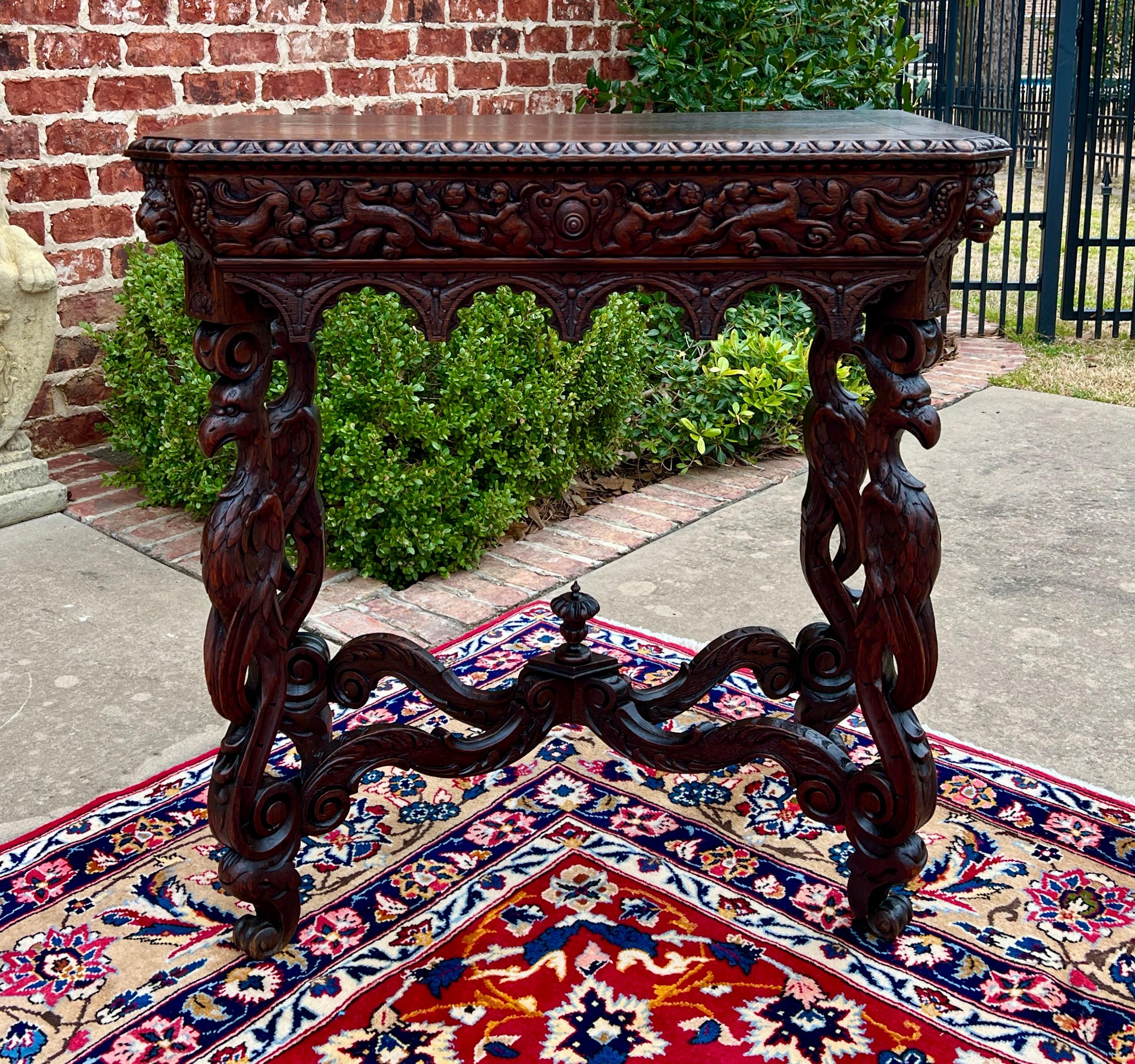 STUNNING Antique French Renaissance Revival Oak Entry, Hall Table, Accent, Side, Sofa Table or Console with Drawer and Carved 