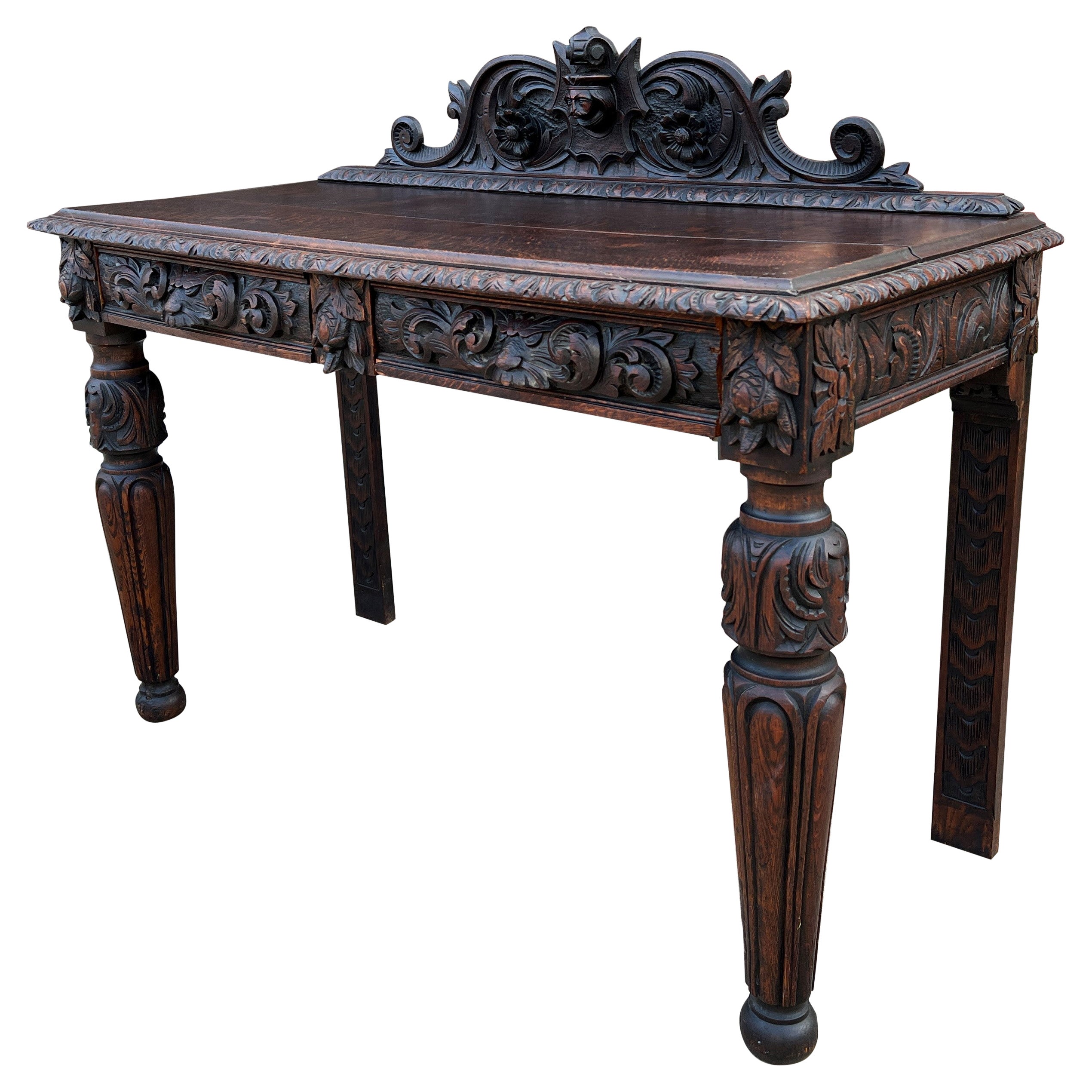 Ancienne table française d'entrée, console, canapé et deux tiroirs en chêne des années 1890