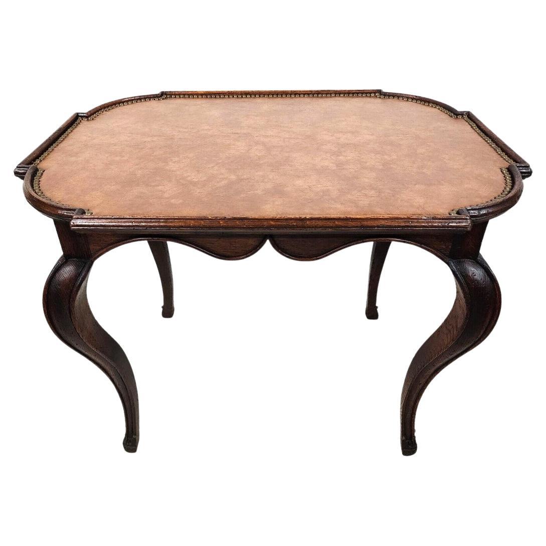 Ancienne table française à dessus en cuir en chêne