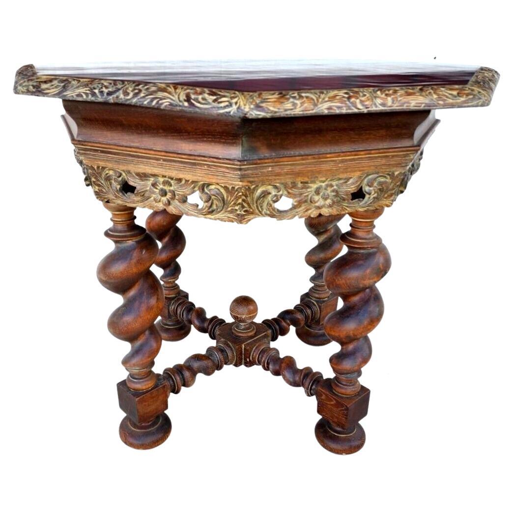 Ancienne table française octogonale Louis XIII à torsion d'orge des années 1800