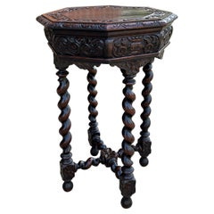 Antique French Table Octagonal PETITE Barley Twist Carved Oak Renaissance 19th C