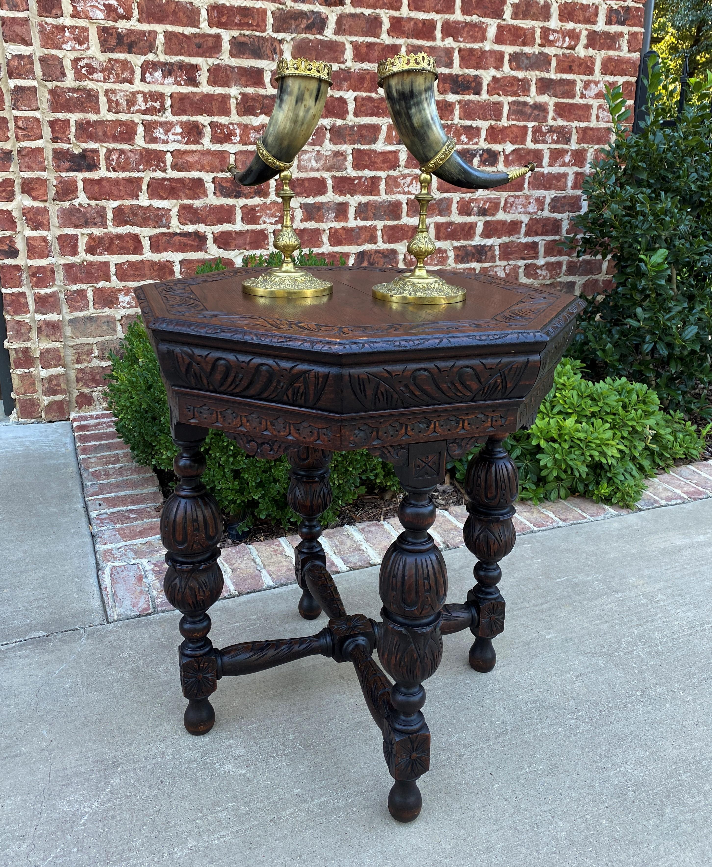 Charming late 19th century antique french carved oak octagonal entry, hall, sofa, center, parlor or end table with 