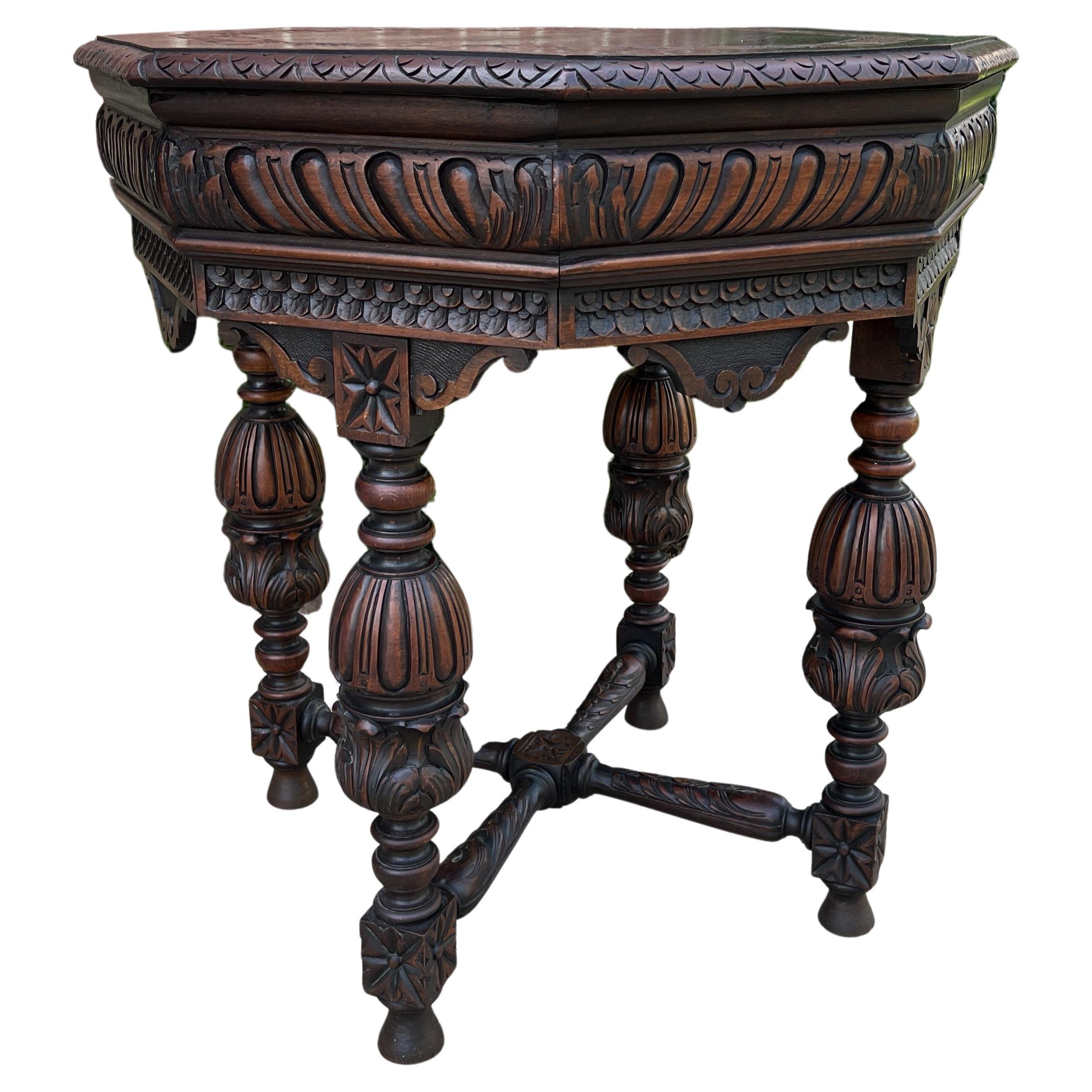 Antique French Table Octagonal Renaissance Revival Carved Oak, 19th Century For Sale