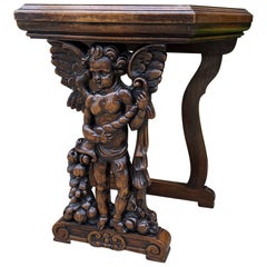 Antique French Table Side Table End Table Nightstand Pedestal Cherub Walnut