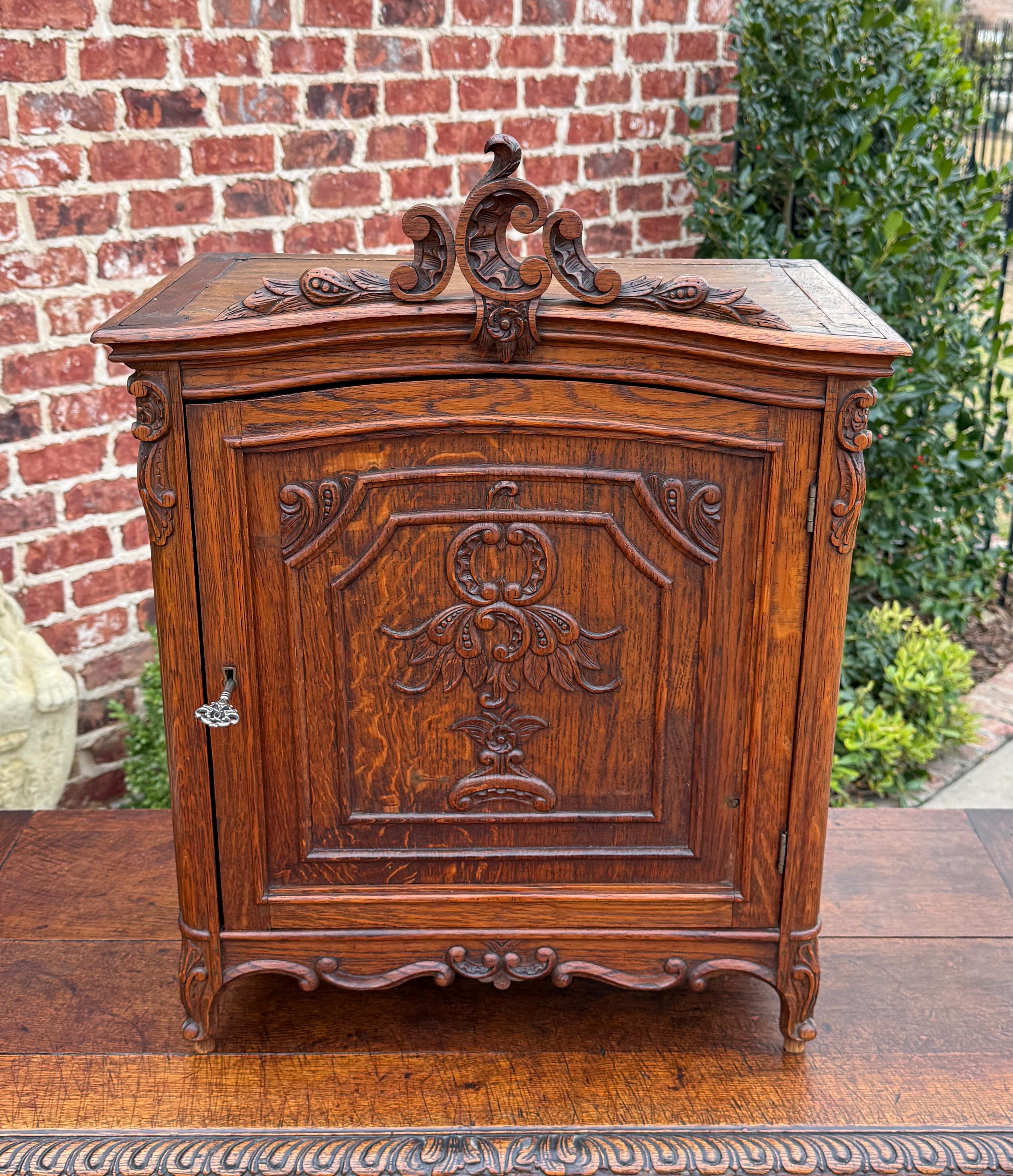 Francese Antique French Table Top Cabinet Louis XV Style Carved Oak w Key c.C. 1920 in vendita