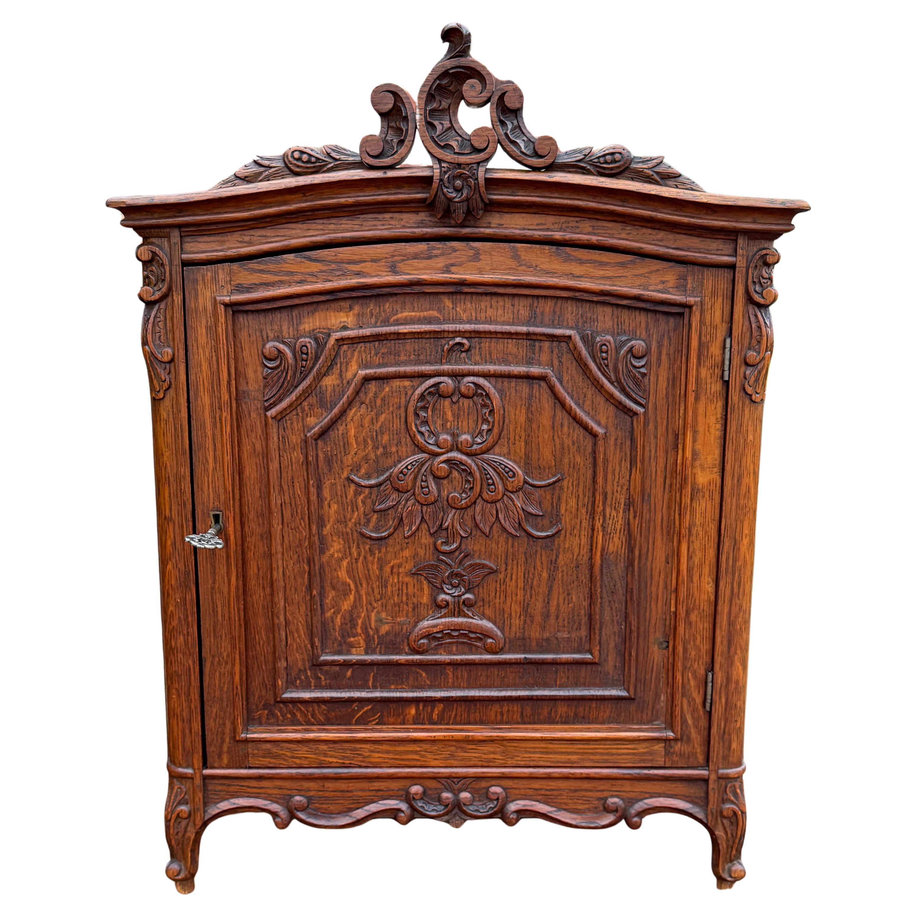 Antique French Table Top Cabinet Louis XV Style Carved Oak w Key c. 1920s