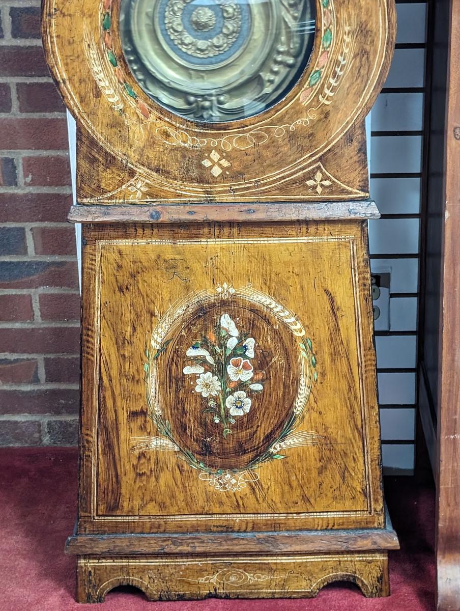 Antique French Tall Case Clock, Painted Case In Good Condition For Sale In Oakwood, GA