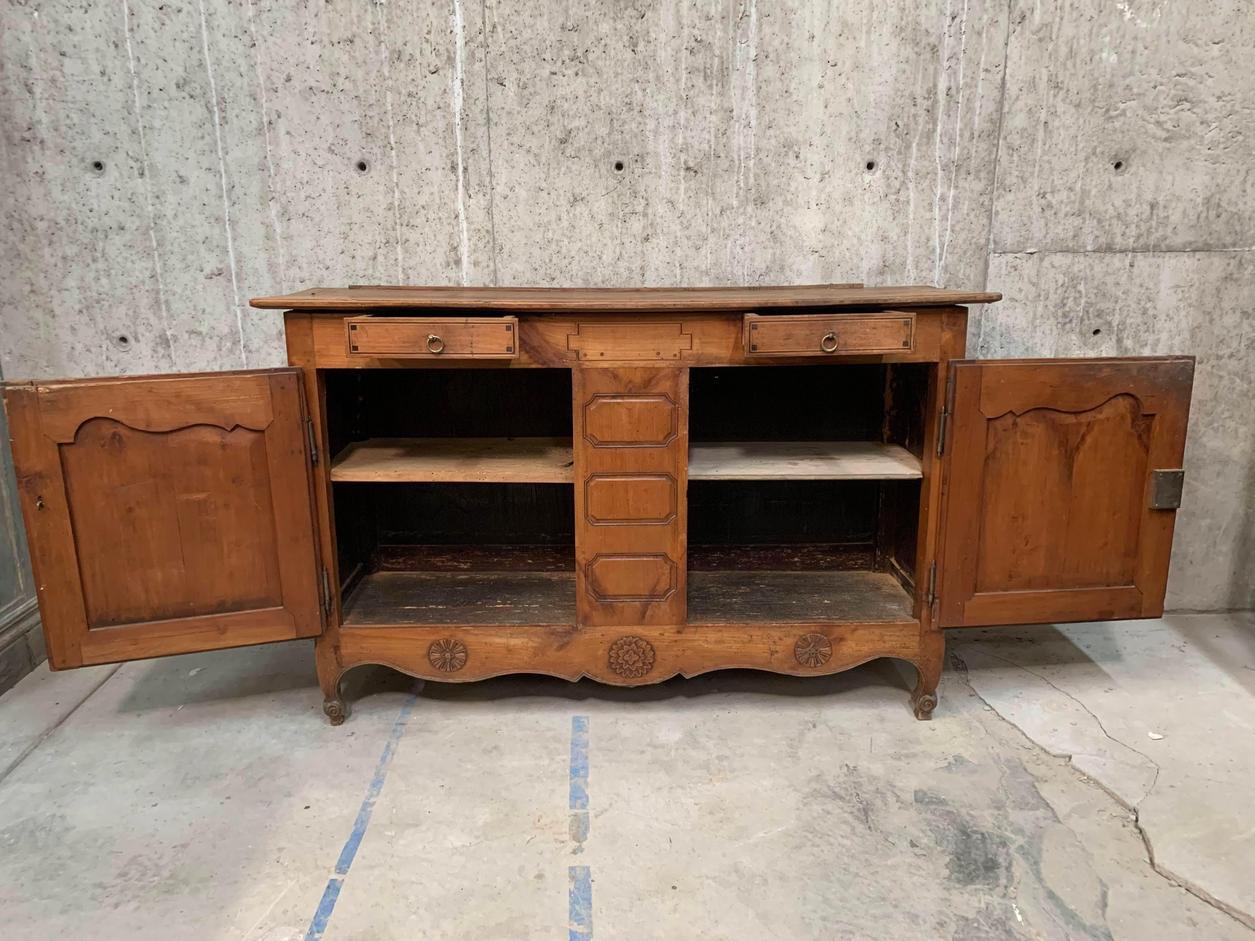 19th Century Antique French Tall Cherrywood Shallow Depth Buffet With Dish Display For Sale