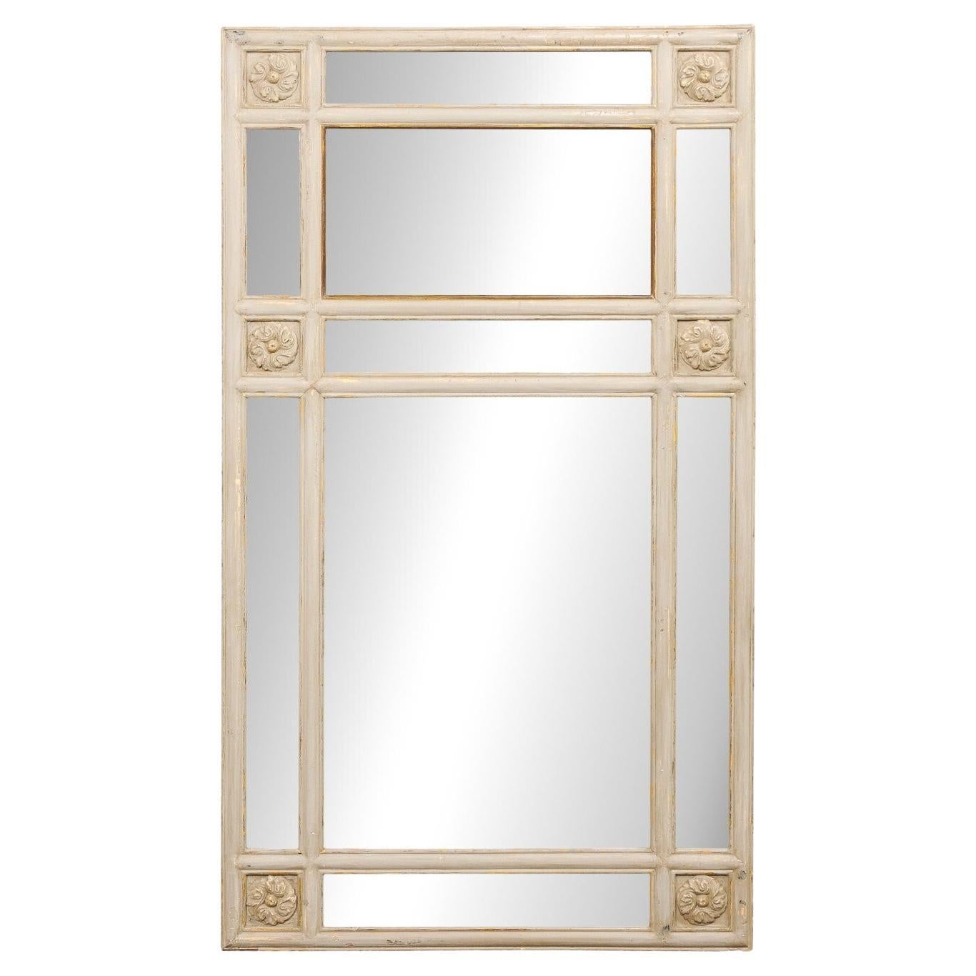 Antique French Tall Glass Panel Mirror w/Floral Medallion Accents