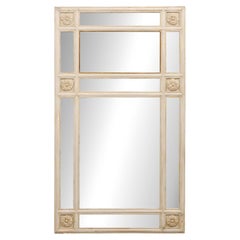 Antique French Tall Glass Panel Mirror w/Floral Medallion Accents