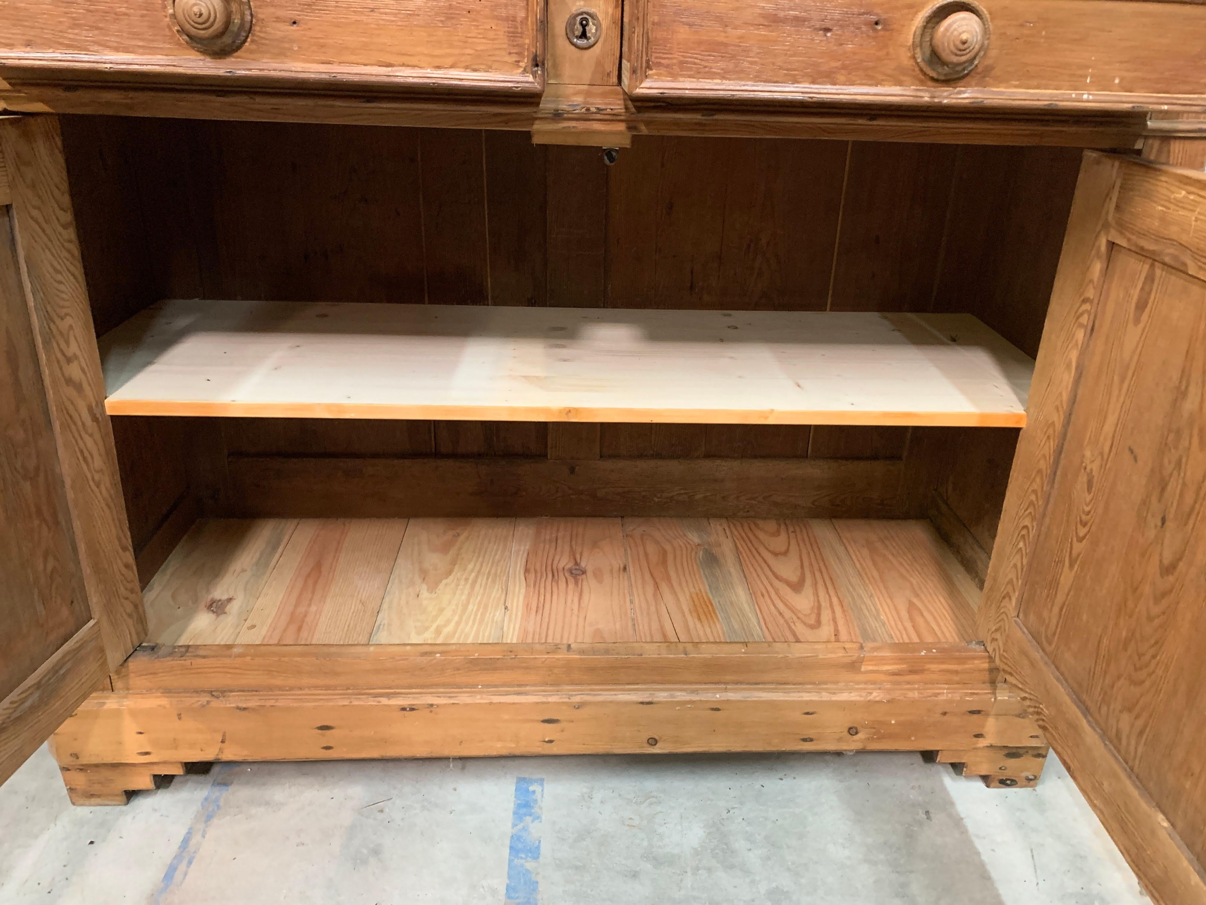 Antique French Tall Pine Buffet With Carved and Scrolling Center Display Shelves 5