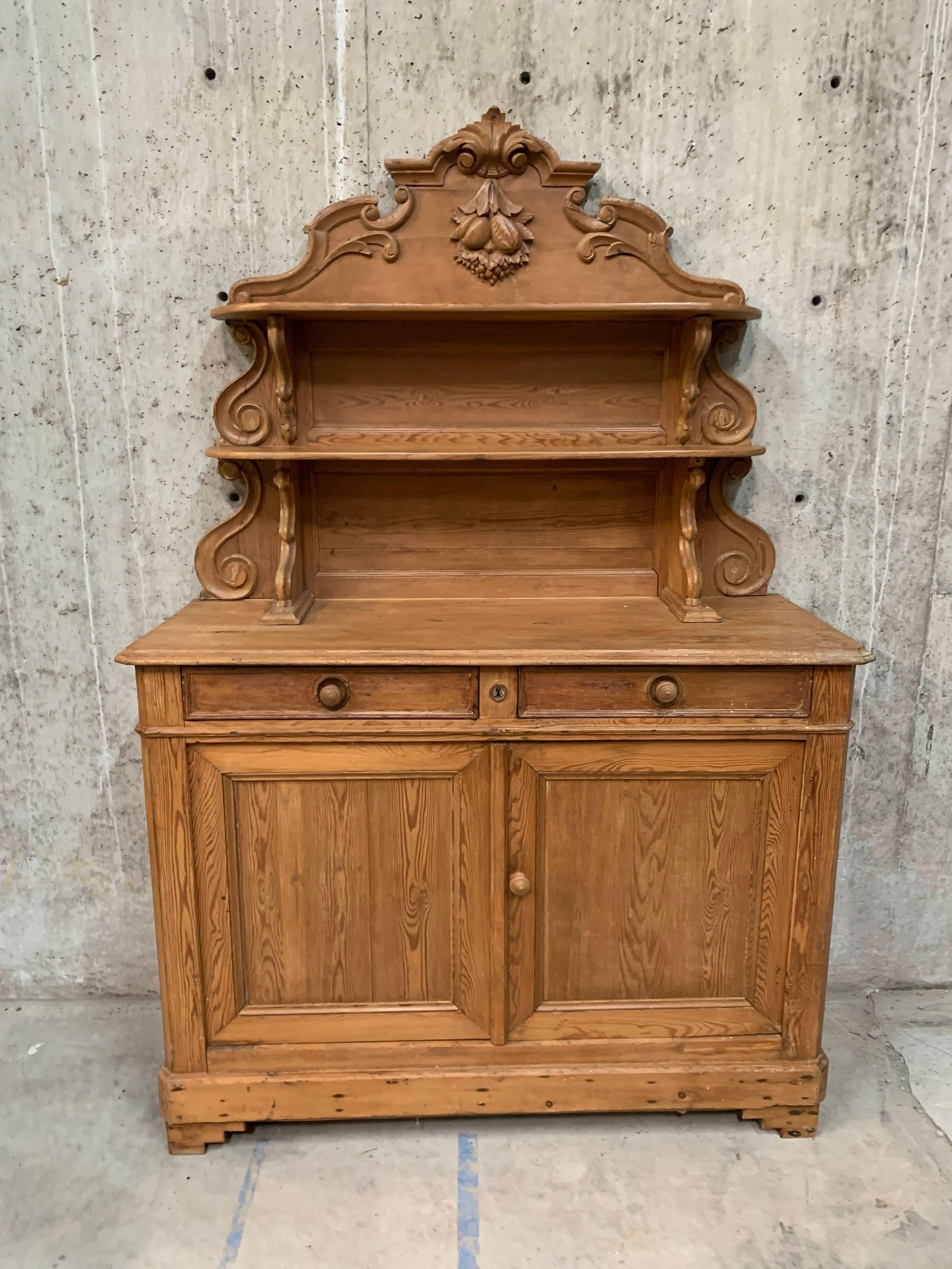 French Provincial Antique French Tall Pine Buffet With Carved and Scrolling Center Display Shelves