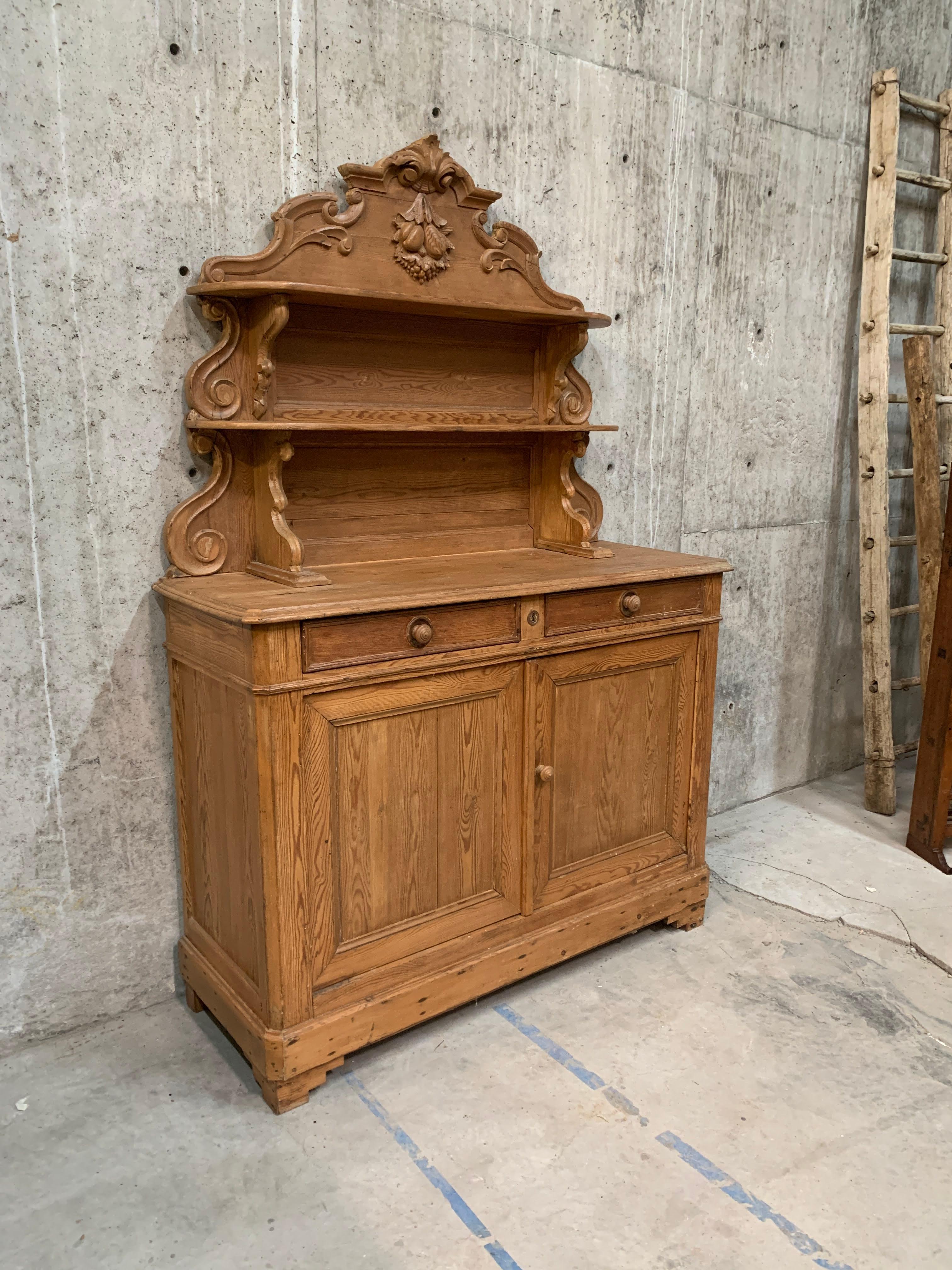 Hand-Carved Antique French Tall Pine Buffet With Carved and Scrolling Center Display Shelves