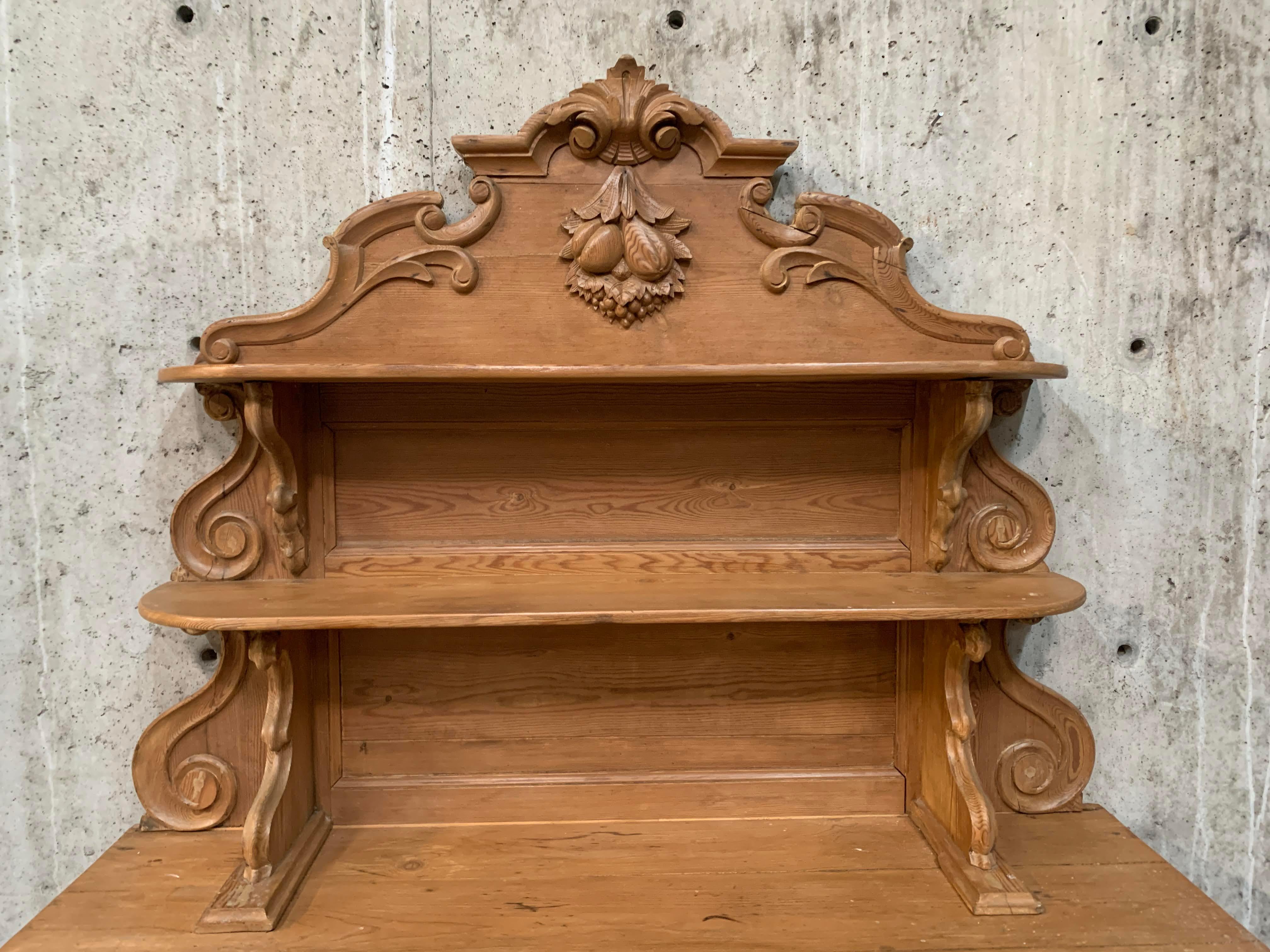 Antique French Tall Pine Buffet With Carved and Scrolling Center Display Shelves In Good Condition In Sheridan, CO