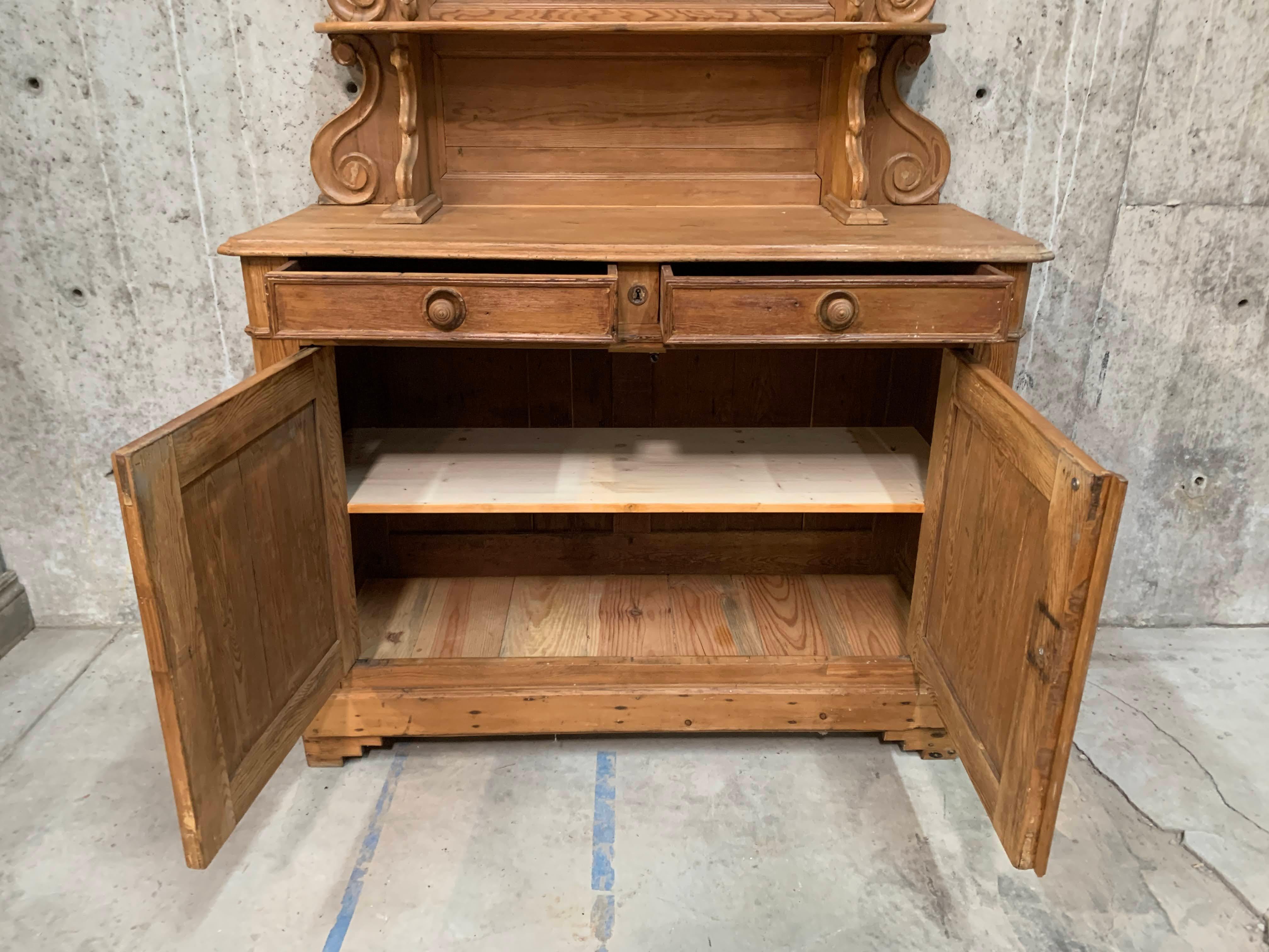 Brass Antique French Tall Pine Buffet With Carved and Scrolling Center Display Shelves