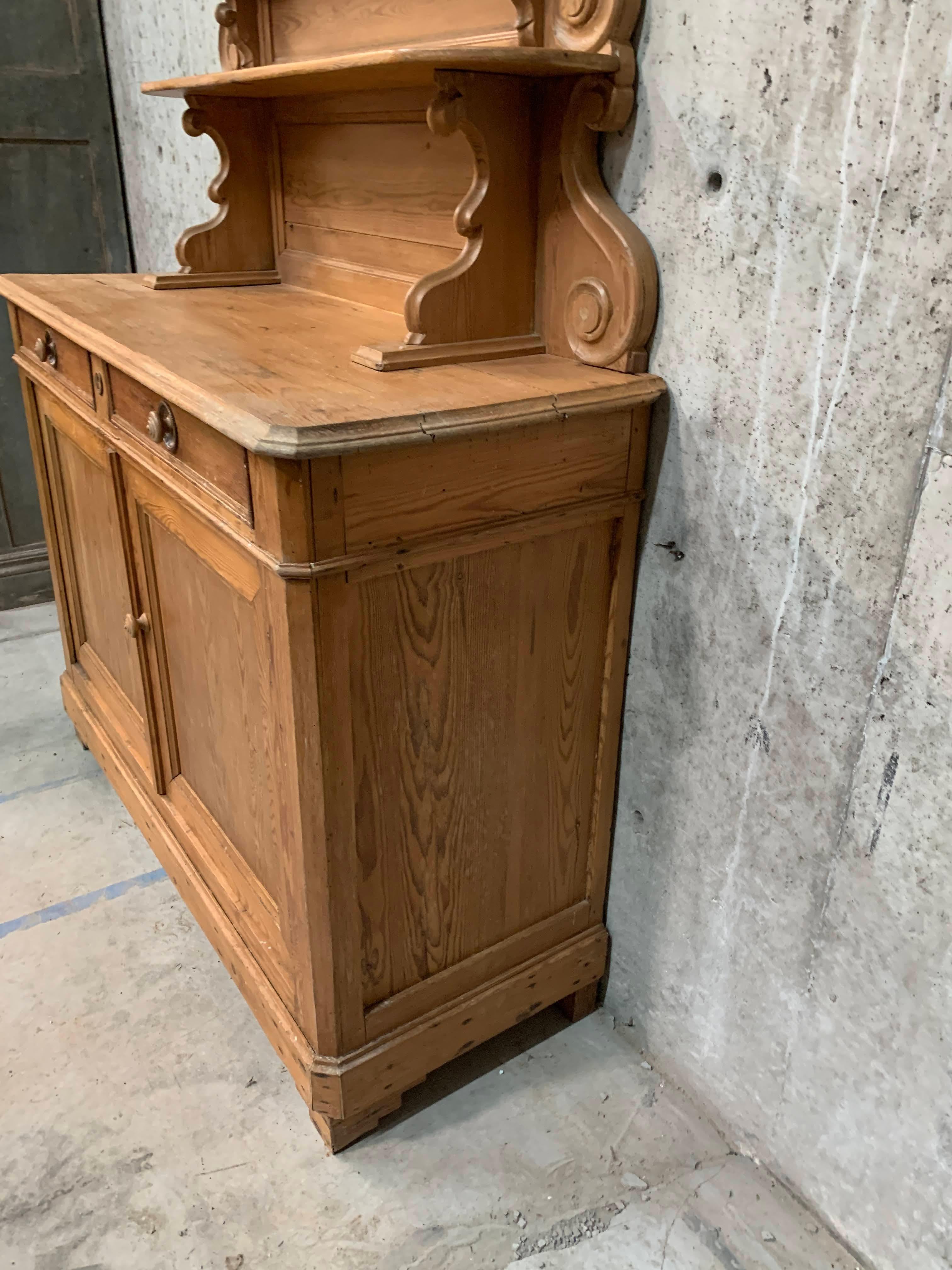 Antique French Tall Pine Buffet With Carved and Scrolling Center Display Shelves 1
