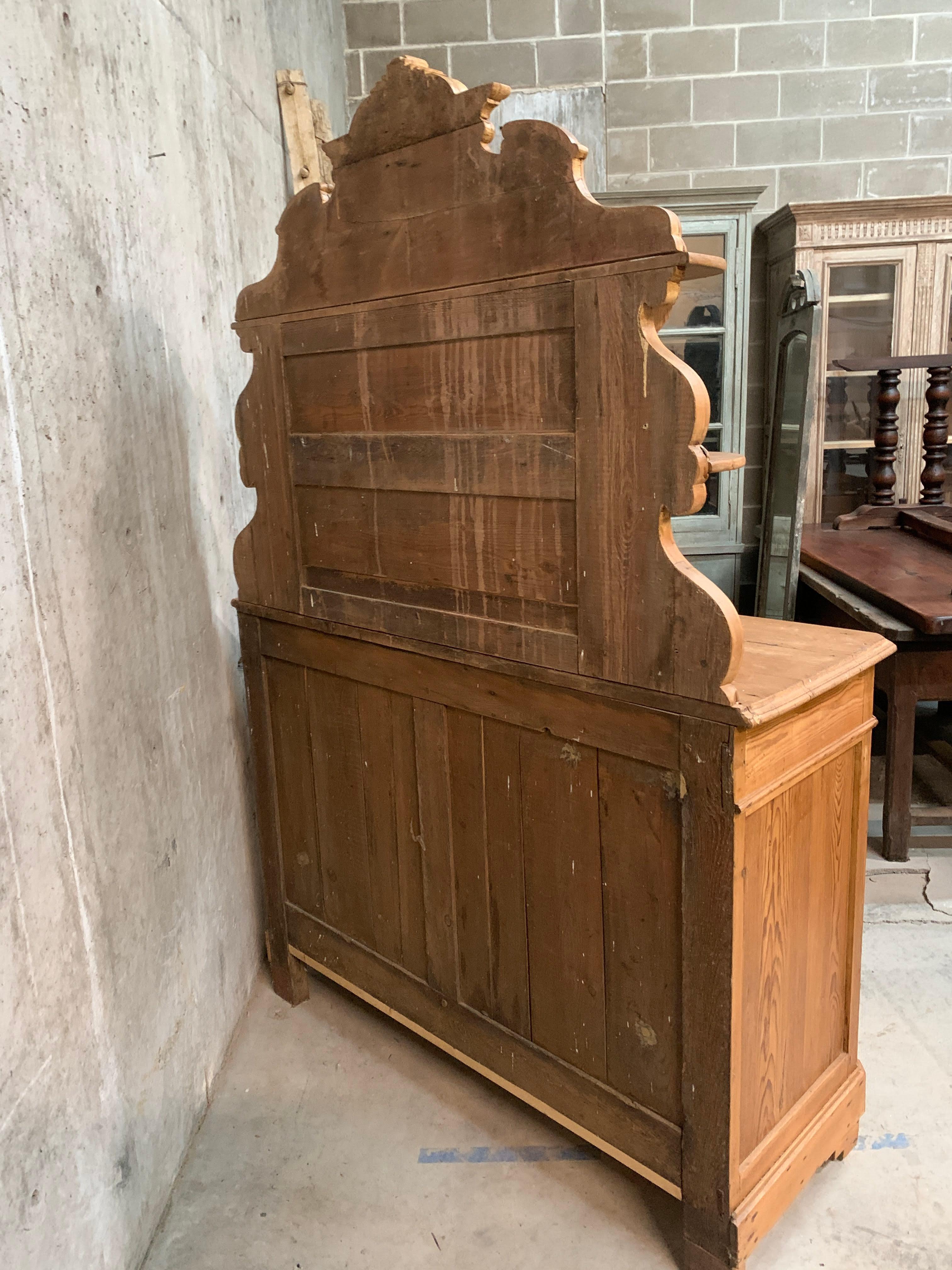Antique French Tall Pine Buffet With Carved and Scrolling Center Display Shelves 2