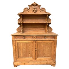 Antique French Tall Pine Buffet With Carved and Scrolling Center Display Shelves