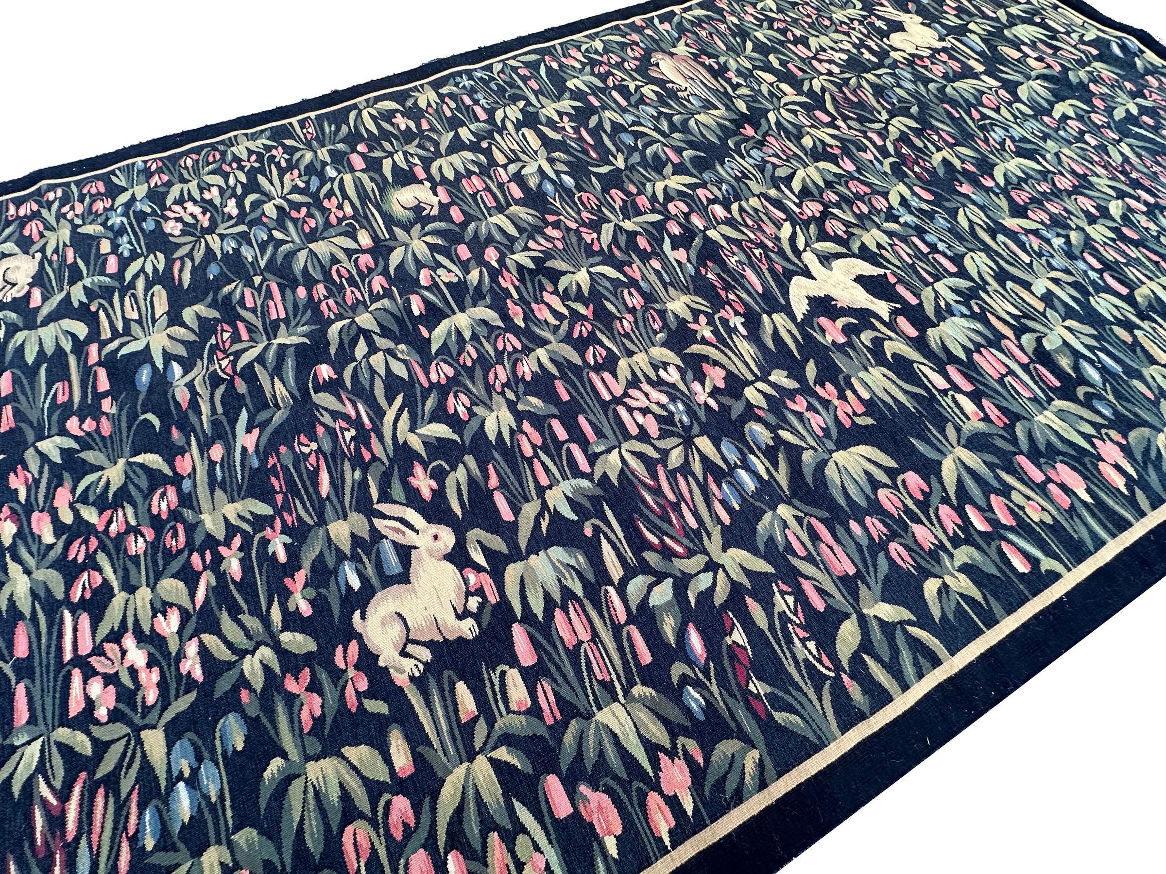 Antique French Tapestry 124cmx244cm Ascending 4x8 Landscape Birds Bunnies c.1930 For Sale 5