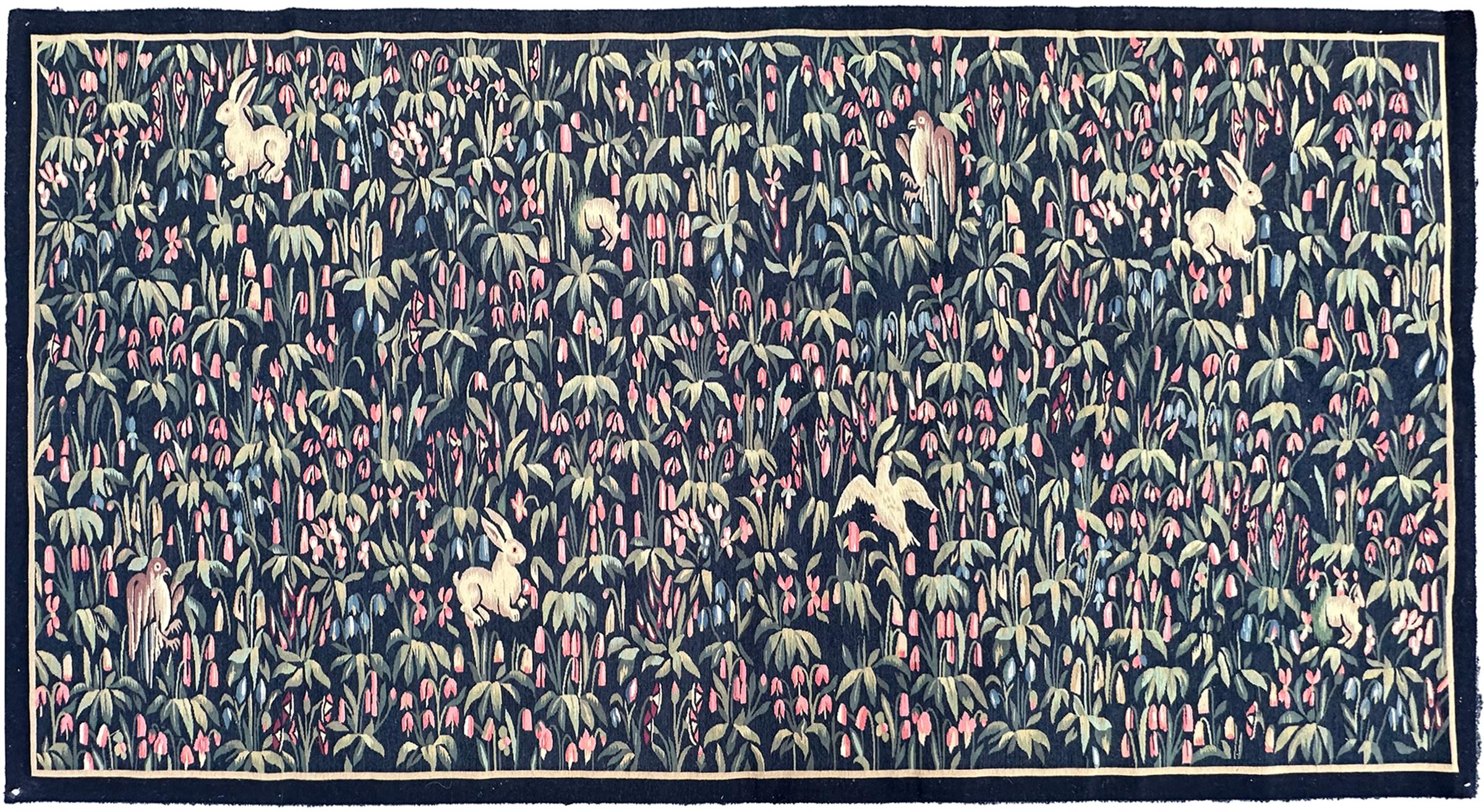 Aubusson Antique French Tapestry 124cmx244cm Ascending 4x8 Landscape Birds Bunnies c.1930 For Sale