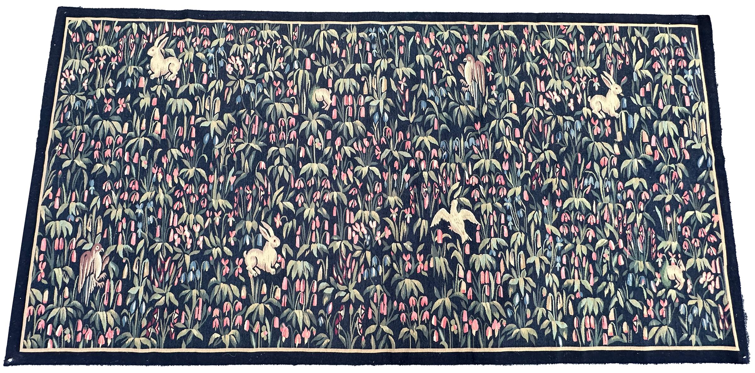 Woven Antique French Tapestry 124cmx244cm Ascending 4x8 Landscape Birds Bunnies c.1930 For Sale