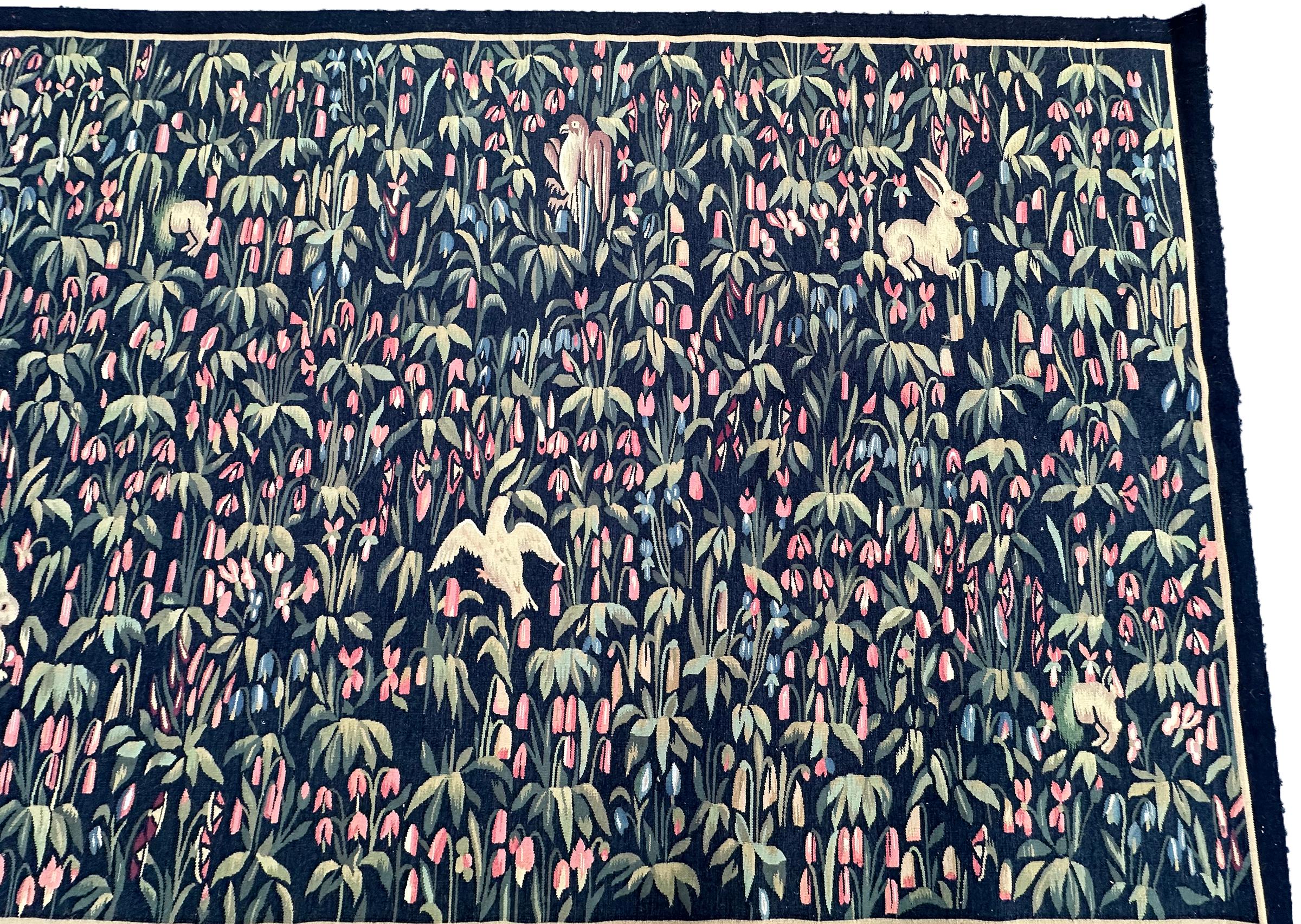 Antique French Tapestry 124cmx244cm Ascending 4x8 Landscape Birds Bunnies c.1930 In Good Condition For Sale In New York, NY