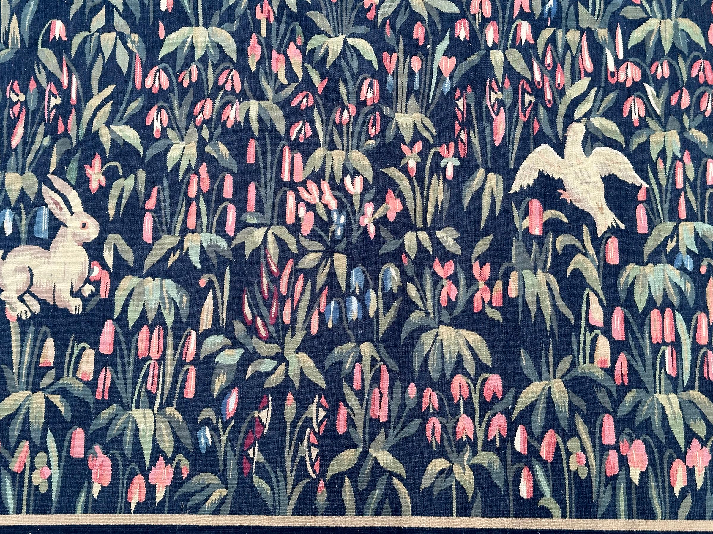 Wool Antique French Tapestry 124cmx244cm Ascending 4x8 Landscape Birds Bunnies c.1930 For Sale