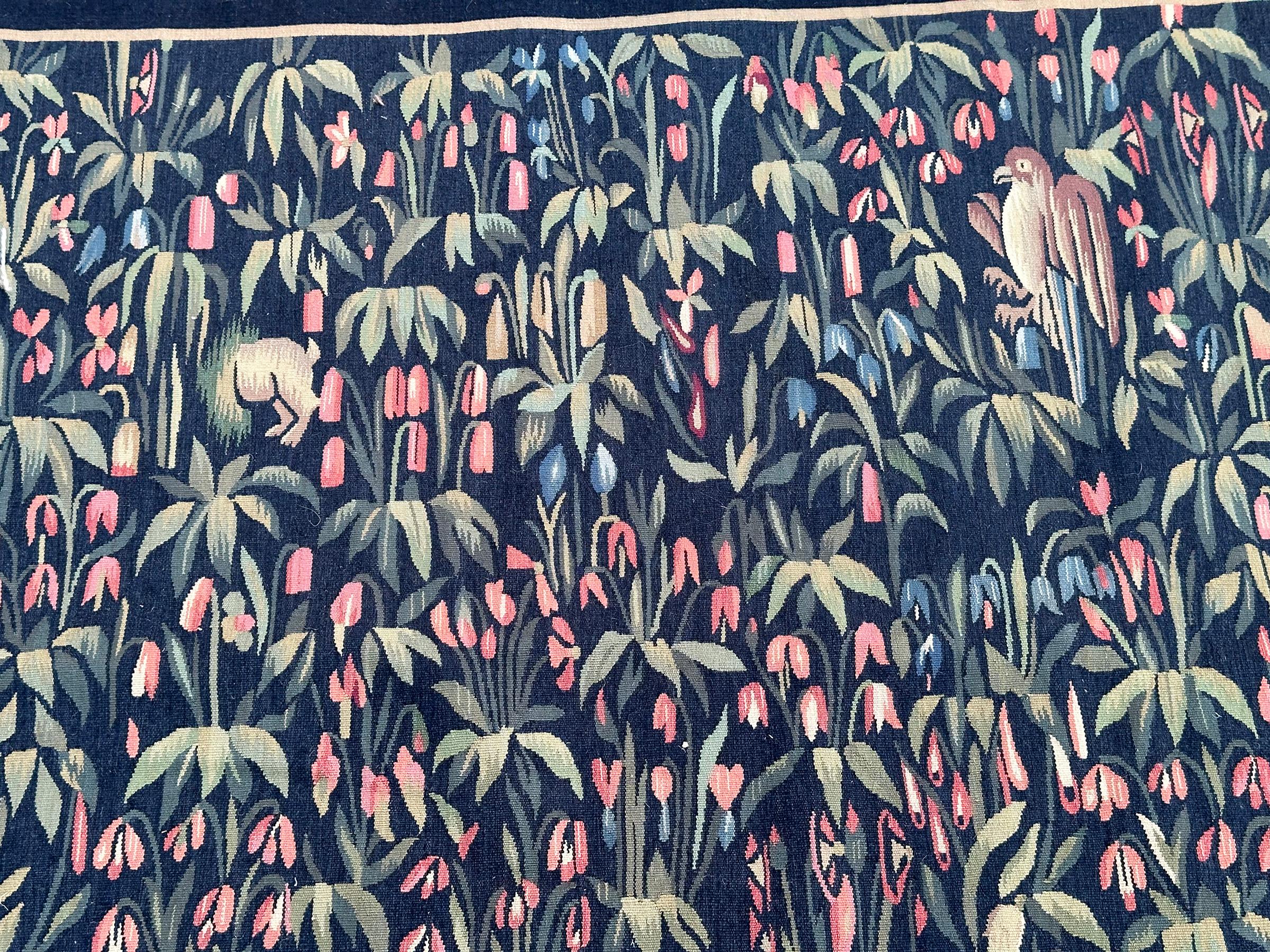 Antique French Tapestry 124cmx244cm Ascending 4x8 Landscape Birds Bunnies c.1930 For Sale 1