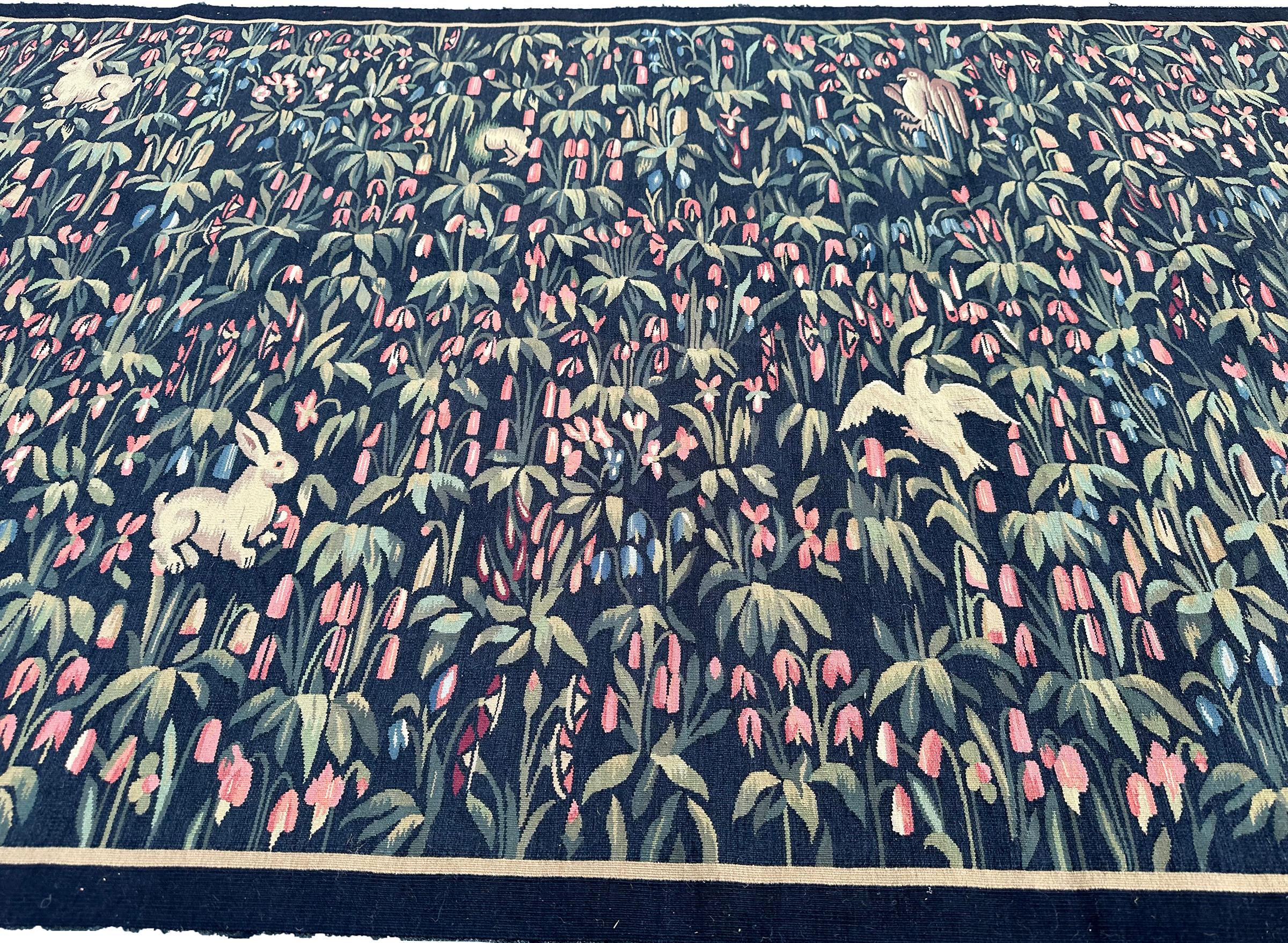 Antique French Tapestry 124cmx244cm Ascending 4x8 Landscape Birds Bunnies c.1930 For Sale 2