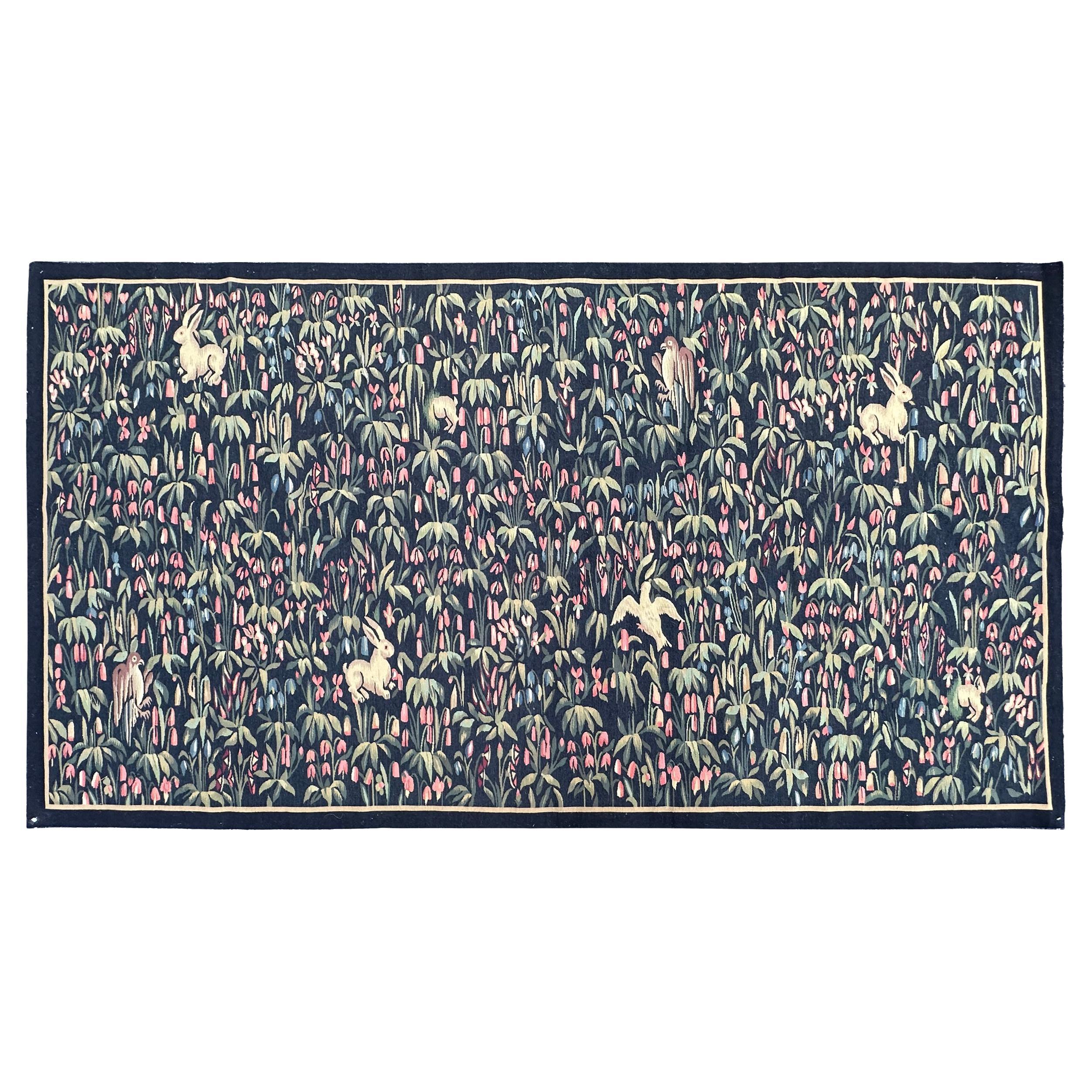 Antique French Tapestry 124cmx244cm Ascending 4x8 Landscape Birds Bunnies c.1930 For Sale