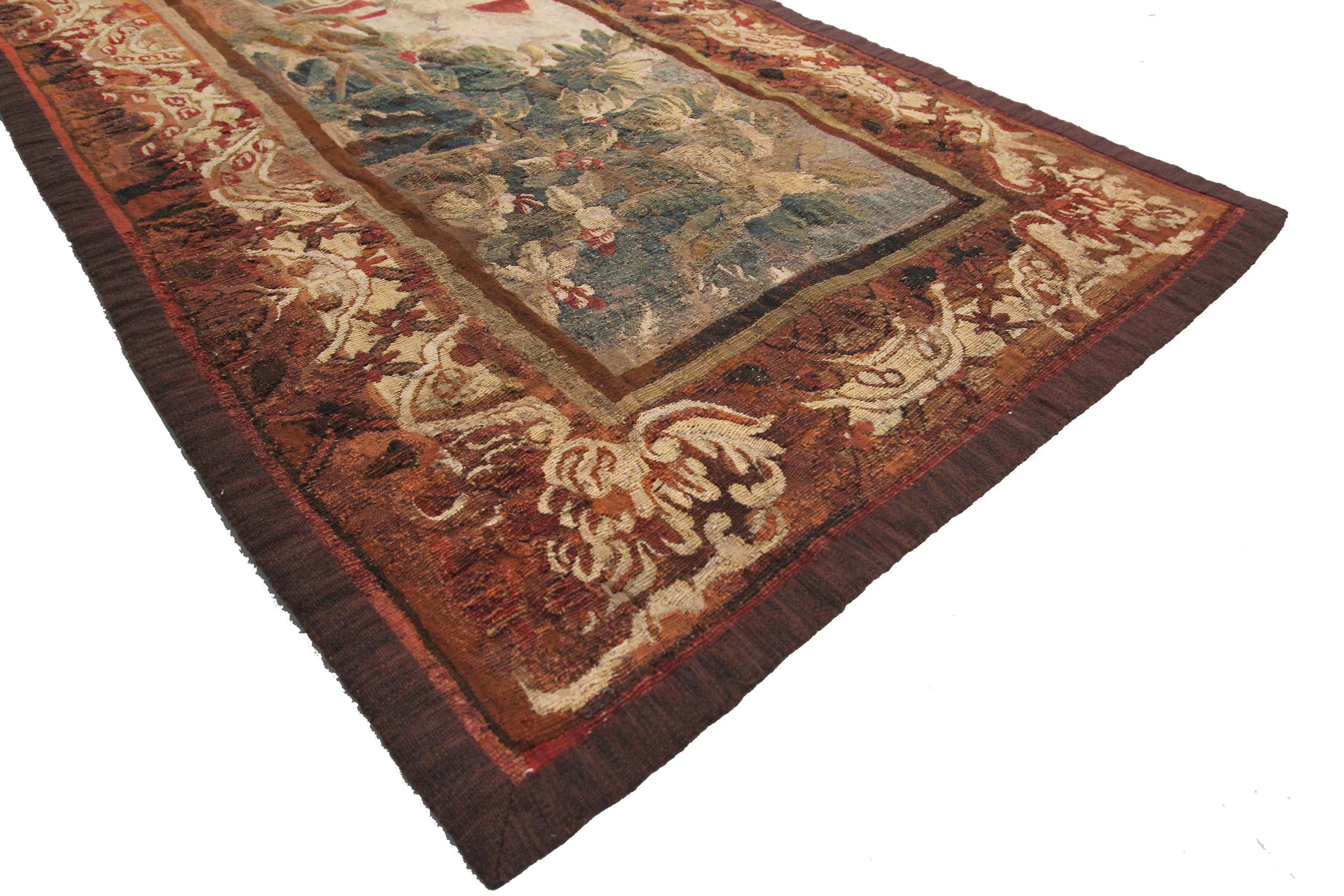 Antique French Tapestry 18th Century Handwoven Wool & Silk For Sale 5