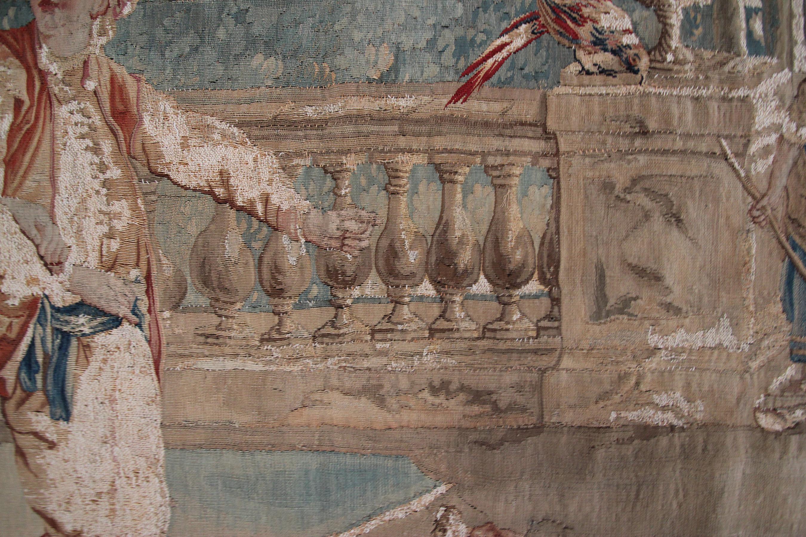 Antiker französischer Wandteppich aus handgewebter Wolle und Seide aus dem 18. Jahrhundert, 5x6ft 153x165cm im Angebot 5