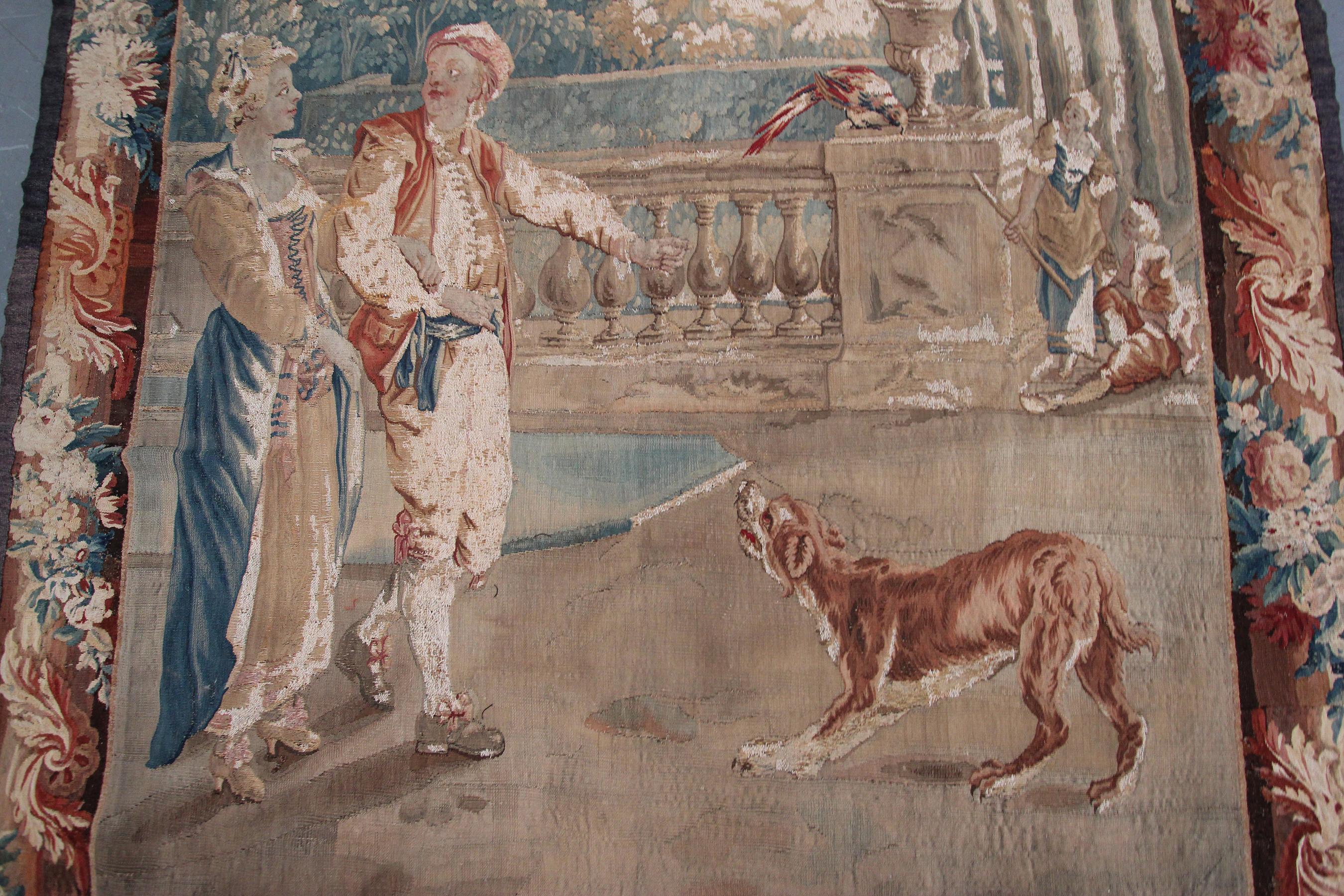 Antiker französischer Wandteppich aus handgewebter Wolle und Seide aus dem 18. Jahrhundert, 5x6ft 153x165cm im Angebot 7
